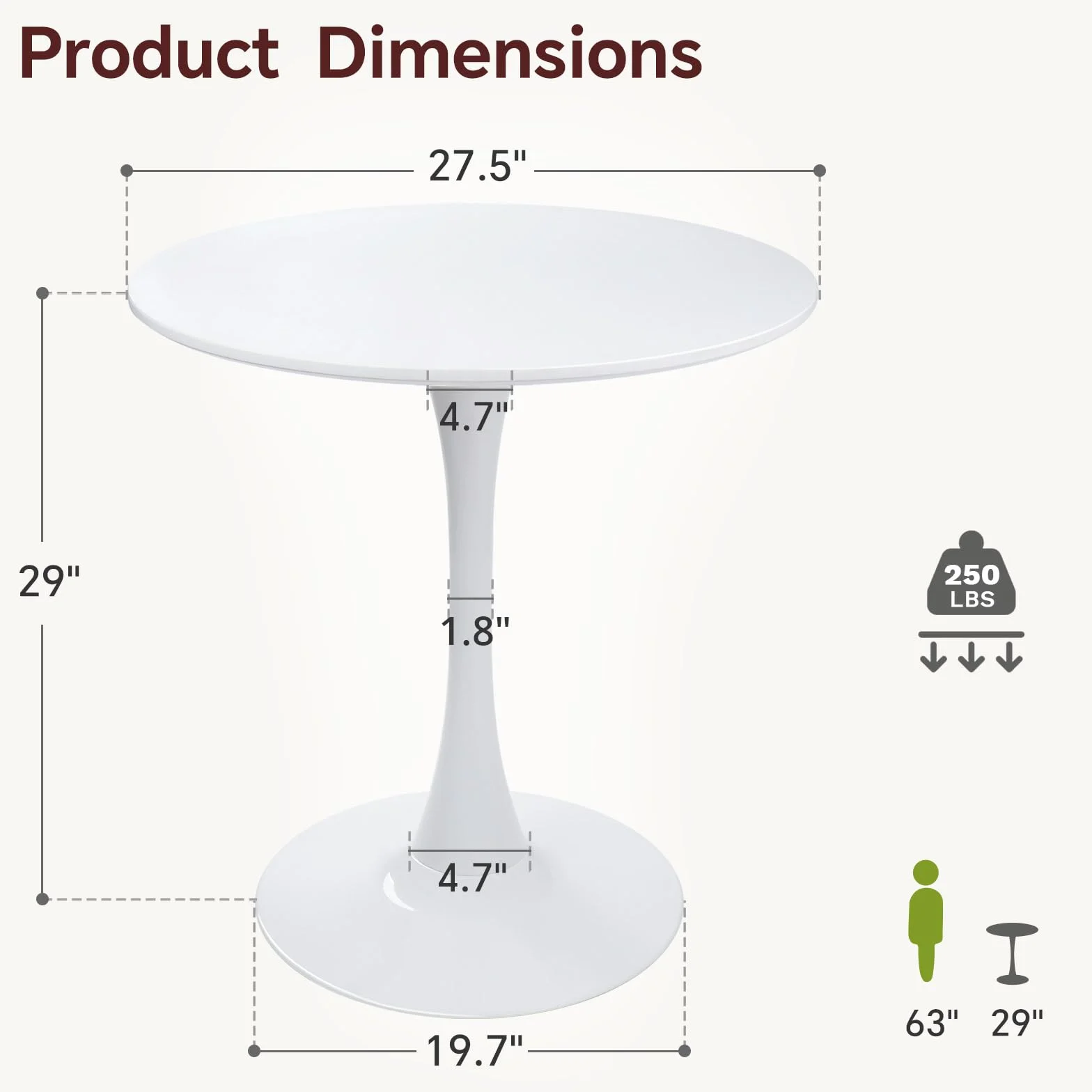 27.5" Tulip Round Dining Table with Metal Pedestal White | Mid-Century Modern Circle Table for 2-4 People for Small Kitchen Living Room, Cafe, Bistro
