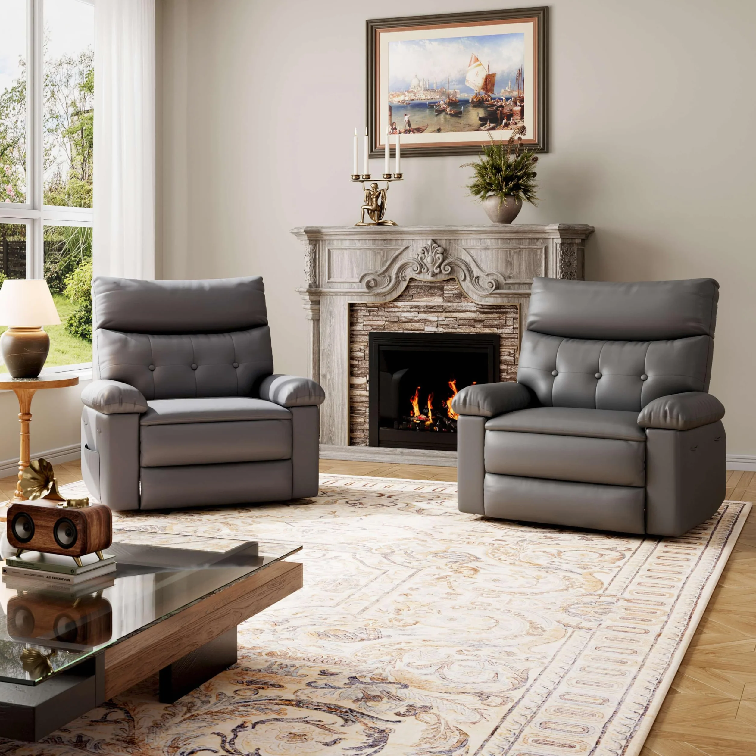 GarveeHome Oversized Recliner Chair - Faux PU Leather Manual Recliner for Adults, Lazy Chair with 1.5X Sponge Comfort Arm and Back for Living Room, Bedroom