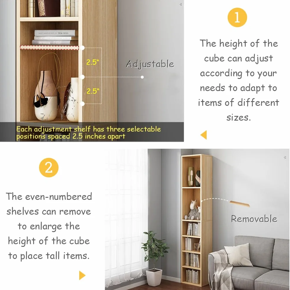 IOTXY Small Narrow Corner Bookcase - 71" Tall Gap Storage Cabinet, Oak | Modern Minimalist Style, MDF Material, Adjustable Shelves, 8 Cubes Open Bookshelf, Floor Tower Rack, Space-Saving Organizer