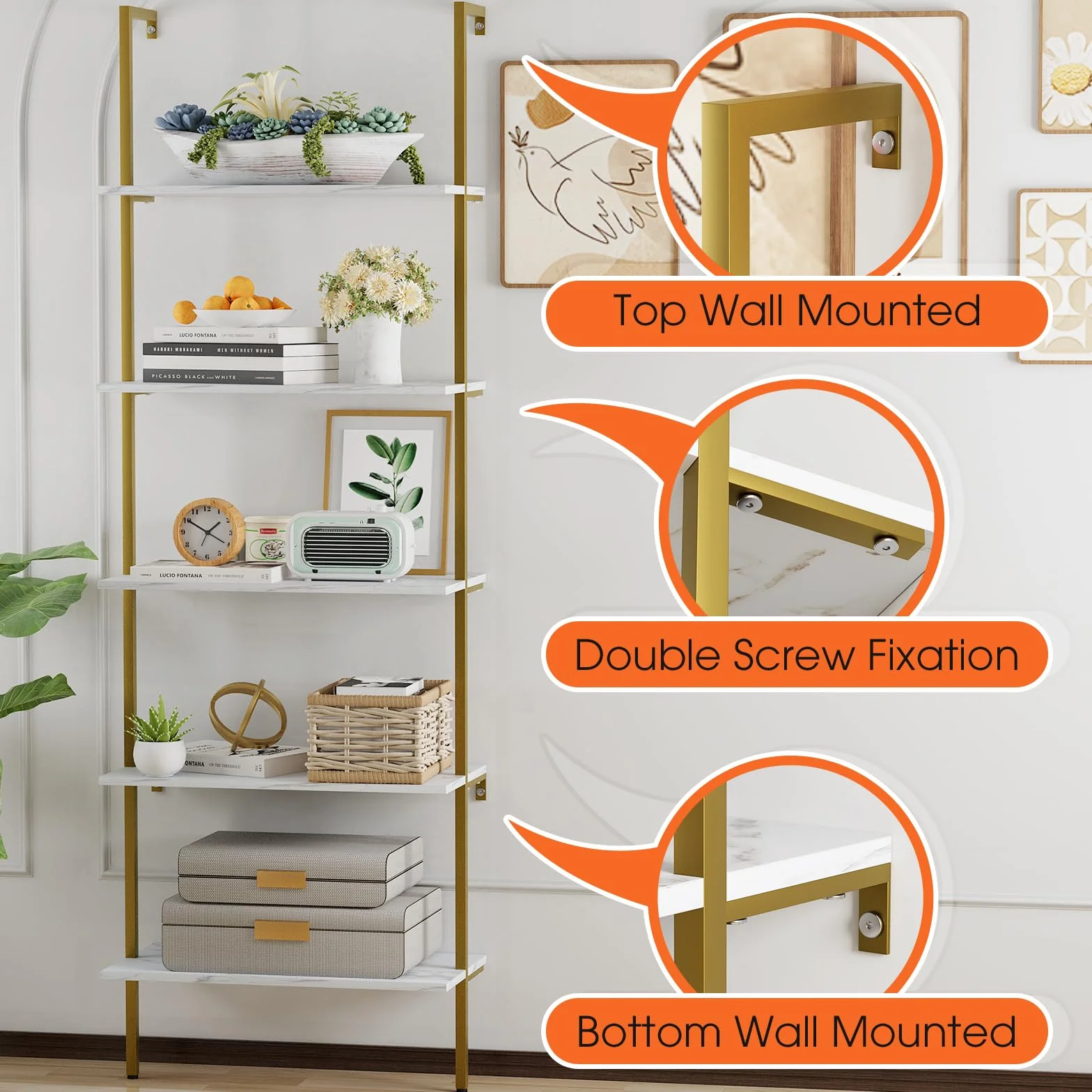 Wolawu Ladder Shelf 5 Tiers Wall Mounted Bookshelf 2-Piece White Marble Modern Bookshelf Open Tall Storage Bookcase Standing Leaning Wall Shelves Industrial Decorative for Home Office Living Room