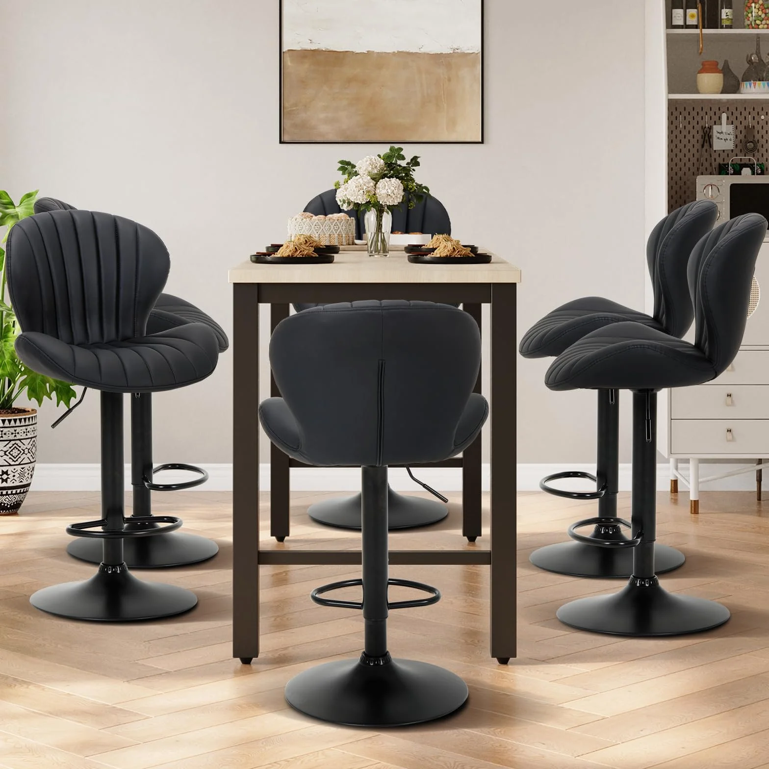 COLAMY Bar Stools Set of 4, Modern Swivel Bar Chairs, Adjustable Faux Leather Upholstered Barstools Counter Height with High Backrest for Bar, Kitchen Island, Dining Room, Black
