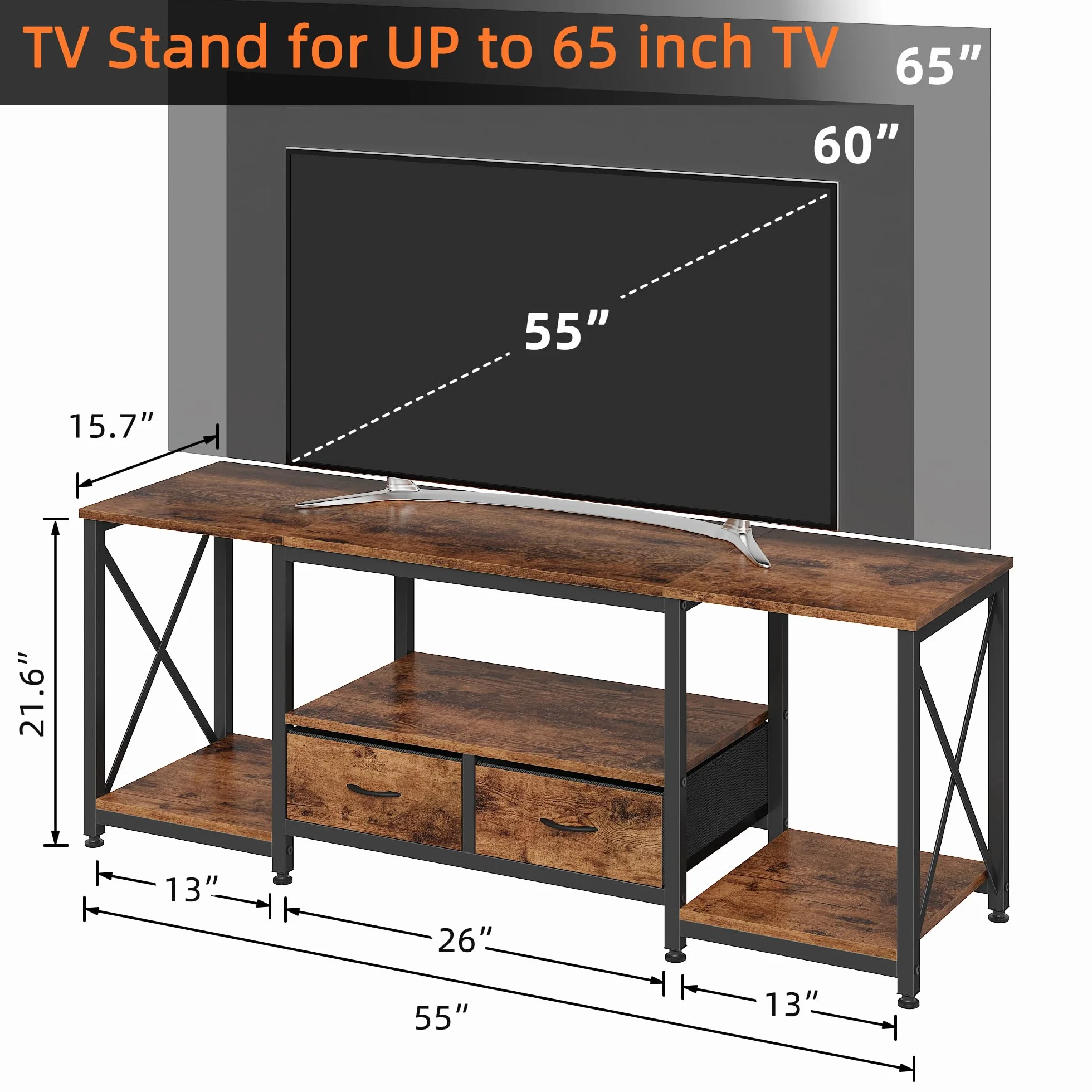 GYIIYUO TV Stand with Fabric Drawer - Entertainment Center and Industrial TV Console Table with Open Storage Shelves for Living Room, Bedroom - 55.1" Rustic Brown