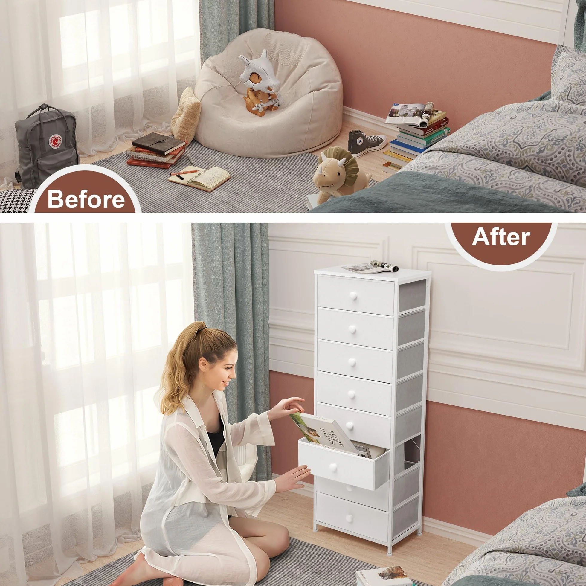 Fabric Dresser for Bedroom, 8 Drawer Tall Vertical Skinny Tower (White) | Wooden Top, Steel Frame, Easy Pull Bin,Organizer Unit for Living Room, Hallway, Entryway, Nursery, Closets