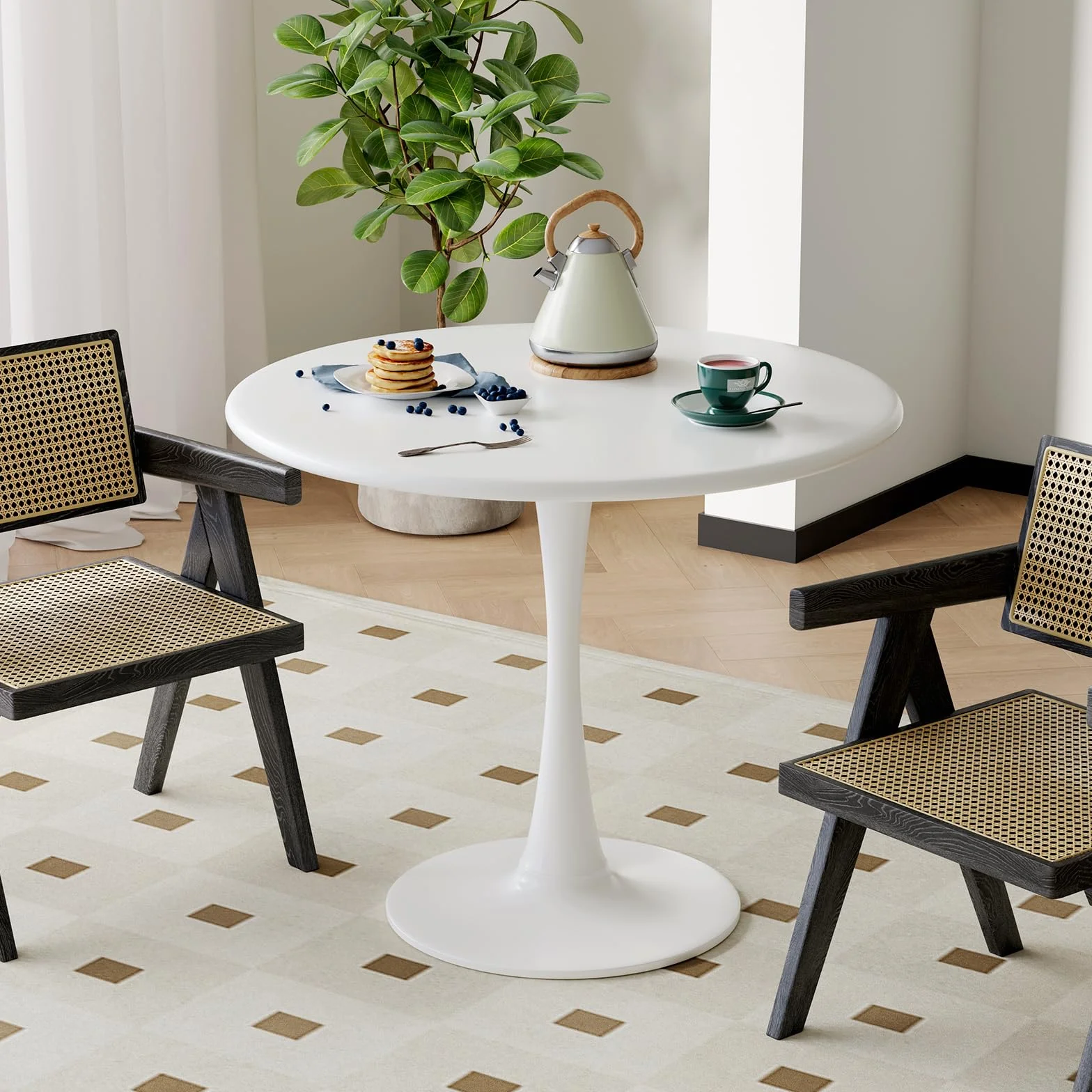 White Round Dining Table for 2 Person, 24 Inch Small Tulip Table with Pedestal for Living Room, Mid Century Modern Kitchen Tables for Office, Bistro, Pub, Bar, Wood Circle Cafe Tables,mesas de comedor