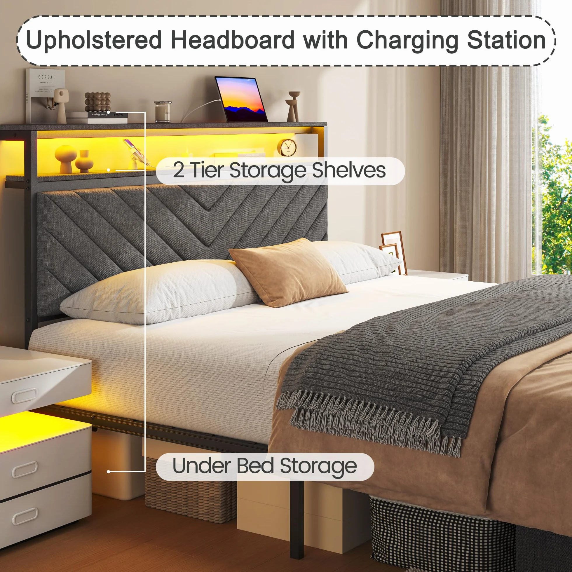 Fluest Queen Bed Frame with 2 Drawers, Upholstered Headboard with Storage and Charging Station, LED Lights, Fabric Drawers with Wheels, Under Bed Storage, No Box Spring Needed, Easy Assembly, Grey