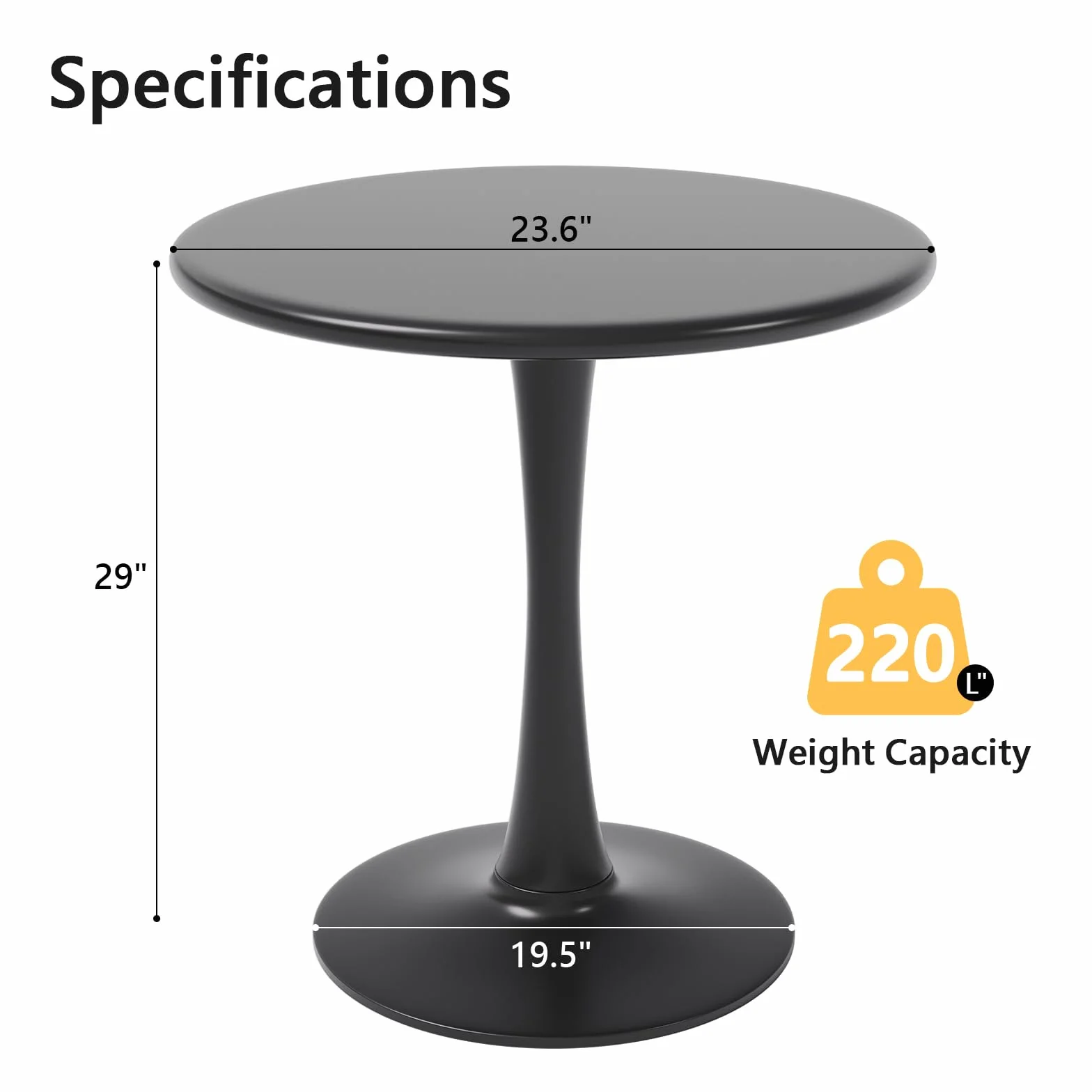 Black Small Tulip Table, 24 Inch Round Dining Table for 2 Person with Pedestal Base for Kitchen, Circle Bistro Table, Mid Century Modern Cafe Tables for Small Spaces in Living Room, Office, Pub, Bar