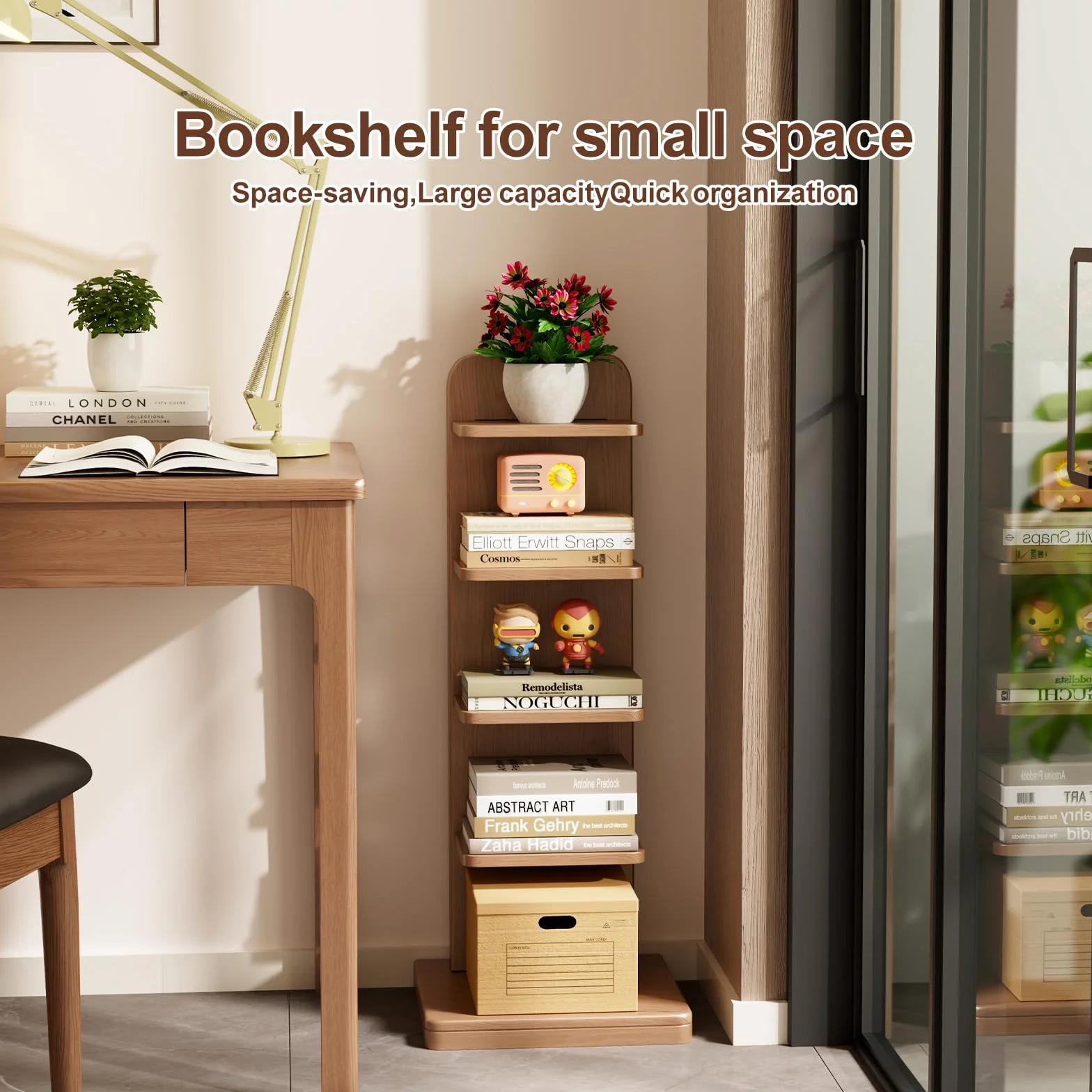 WoodsWhisper Solid Wood 5-Tier Narrow Bookshelf Small Spaces Open Storage | Solid Wood | Narrow Design | 5 Tier Storage | Anti-Tip | Easy Assembly