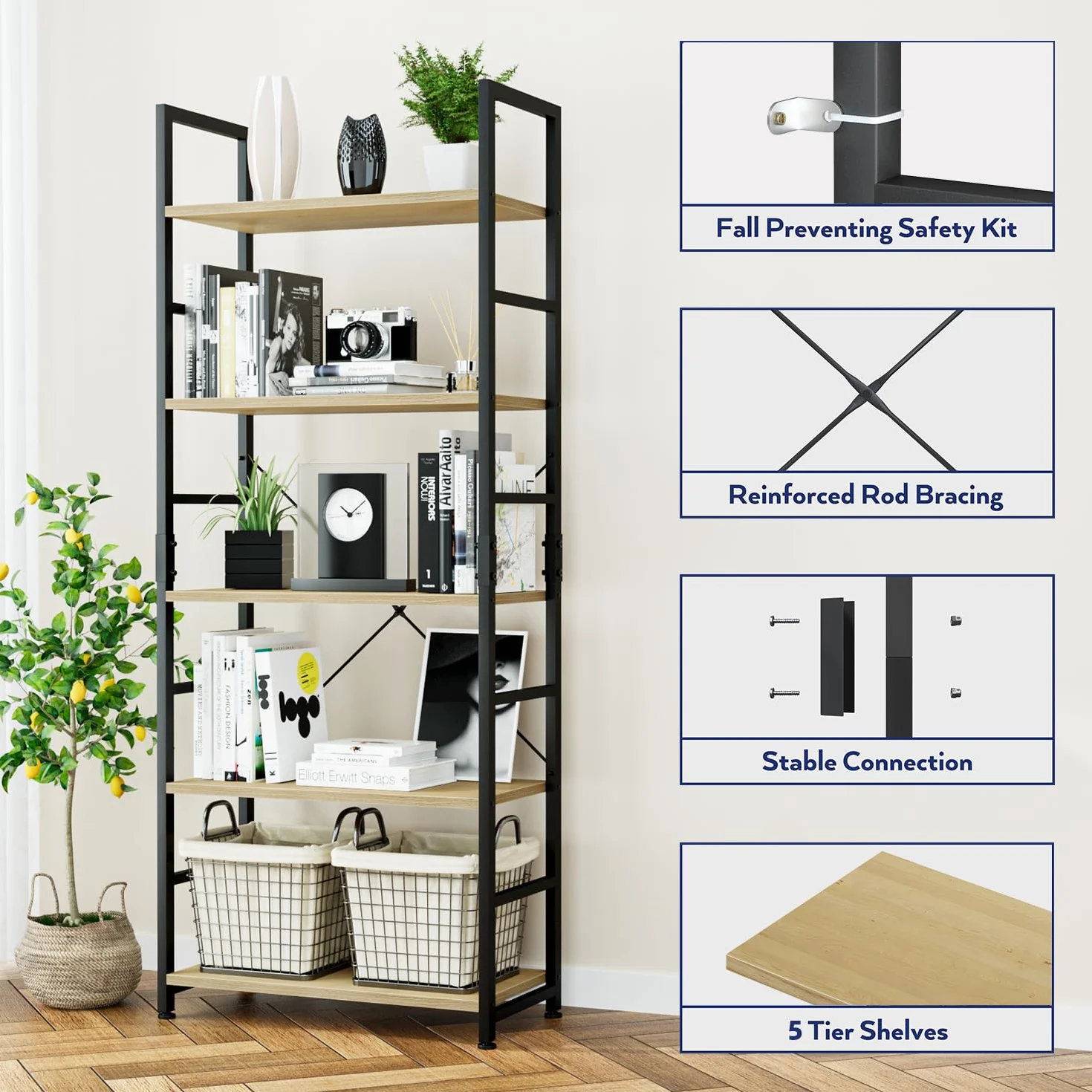 NUMENN 5 Tier Bookshelf, Tall Freestanding Open Storage Bookcase, Natural | Storage Organizer with Metal Frame & Wood Shelves, Support Bars & Adjustable Feet for Bedroom, Living Room & Home Office