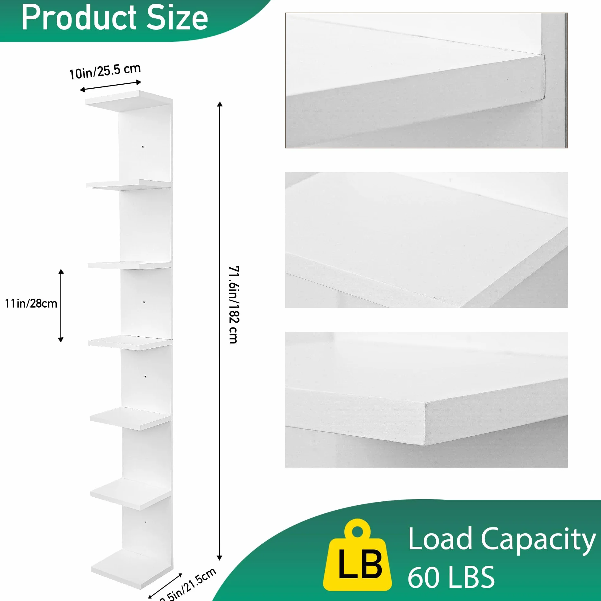 7 Tier Wall Shelf Unit,Vertical Column Floating Storage Home Decor Organizer,White Lack Wall Shelf for Bedroom,Living Room,Office Decor(1 Pack)