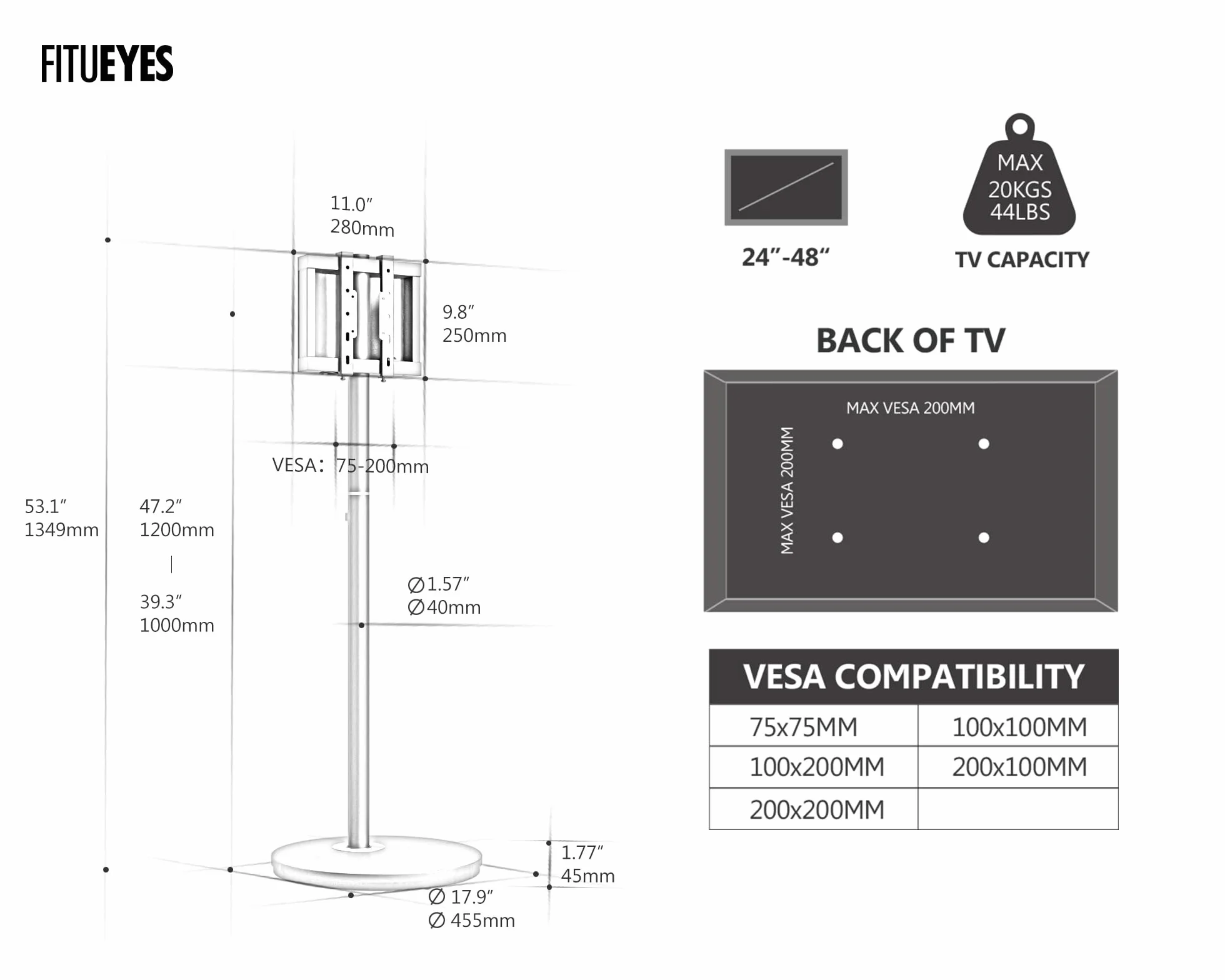 FITUEYES Small Rolling TV Cart for 24-48 Inches Television, Minimalist Modern TV Floor Stand on Wheels Fits Max VESA 200x200mm, V2 Portable Smart Television Cart, White, Master Series