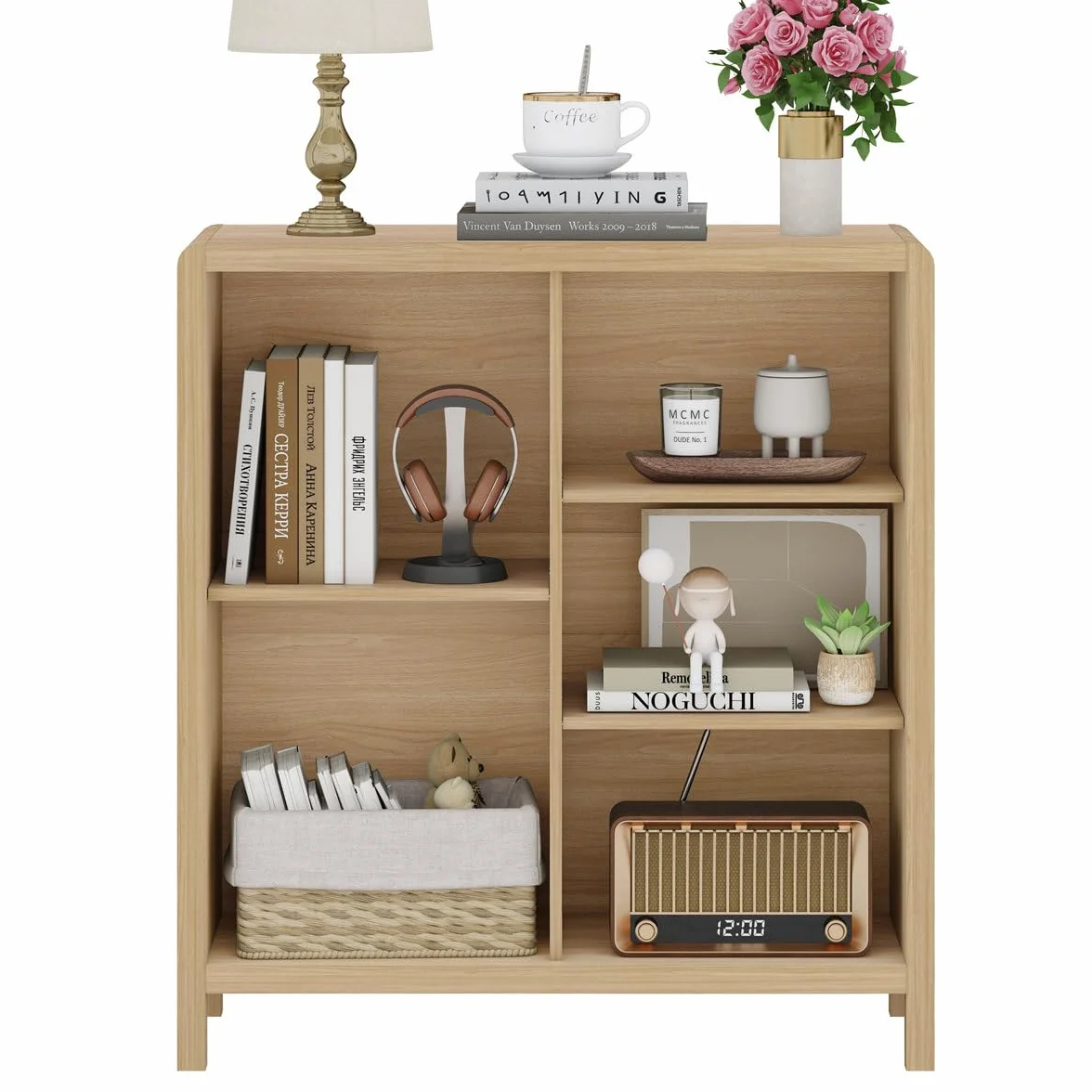 5 Cube Bookshelf, Wood Bookcase with 3 Adjustable Shelves, Modern Cube Storage Organizer Shelf for Home Office (Light Walnut)