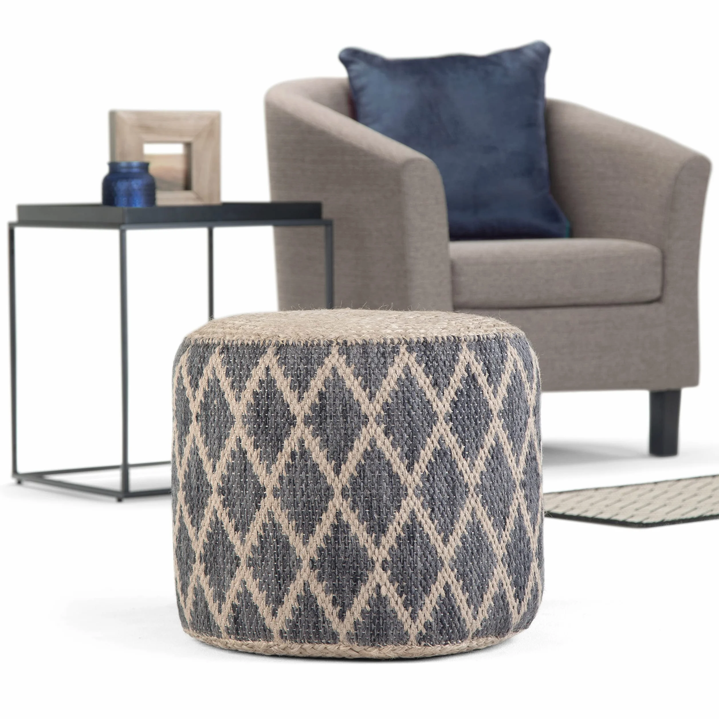 SIMPLIHOME Edgeley 18" Wide Round Pouf in Grey/Natural Jute and Cotton