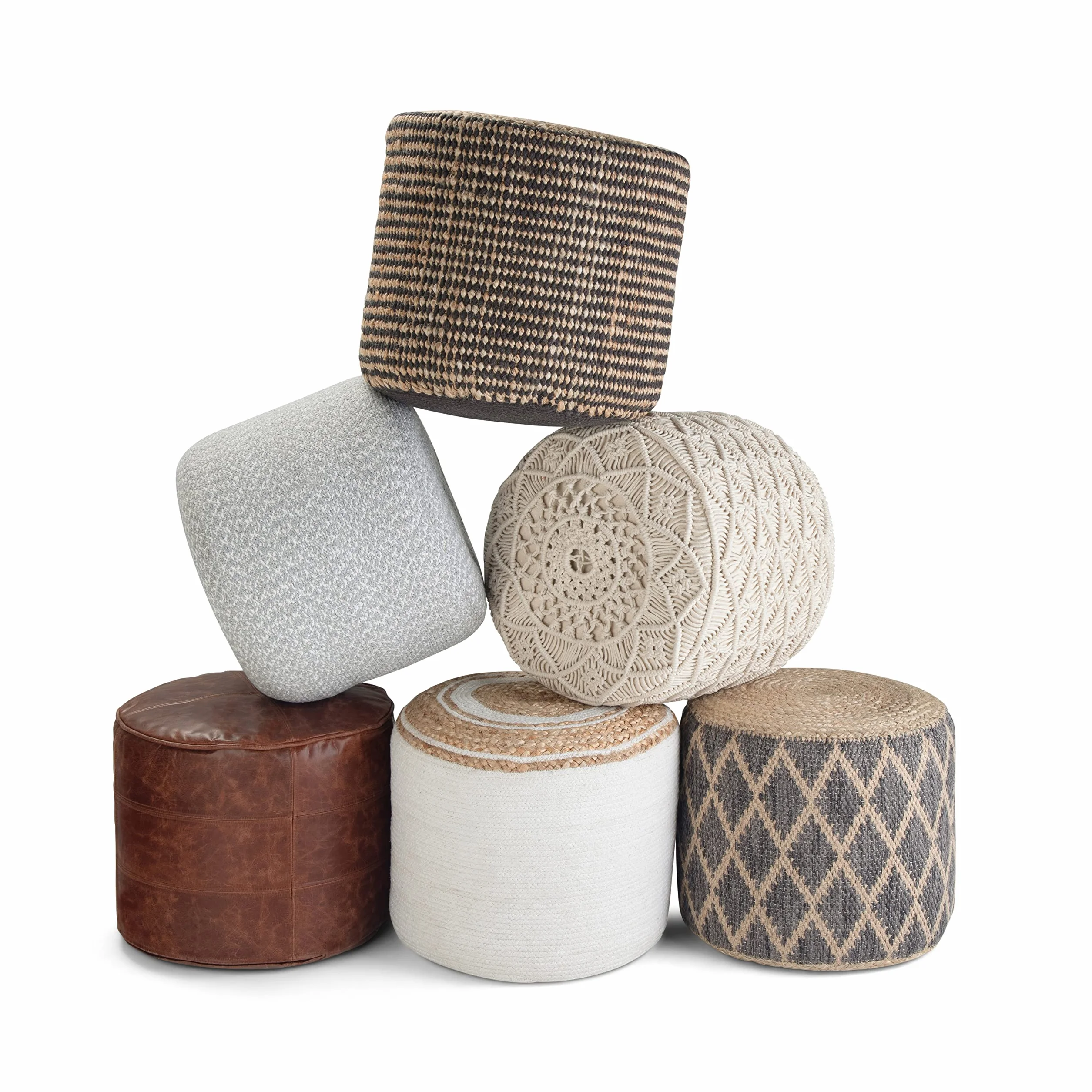 SIMPLIHOME Edgeley 18" Wide Round Pouf in Grey/Natural Jute and Cotton