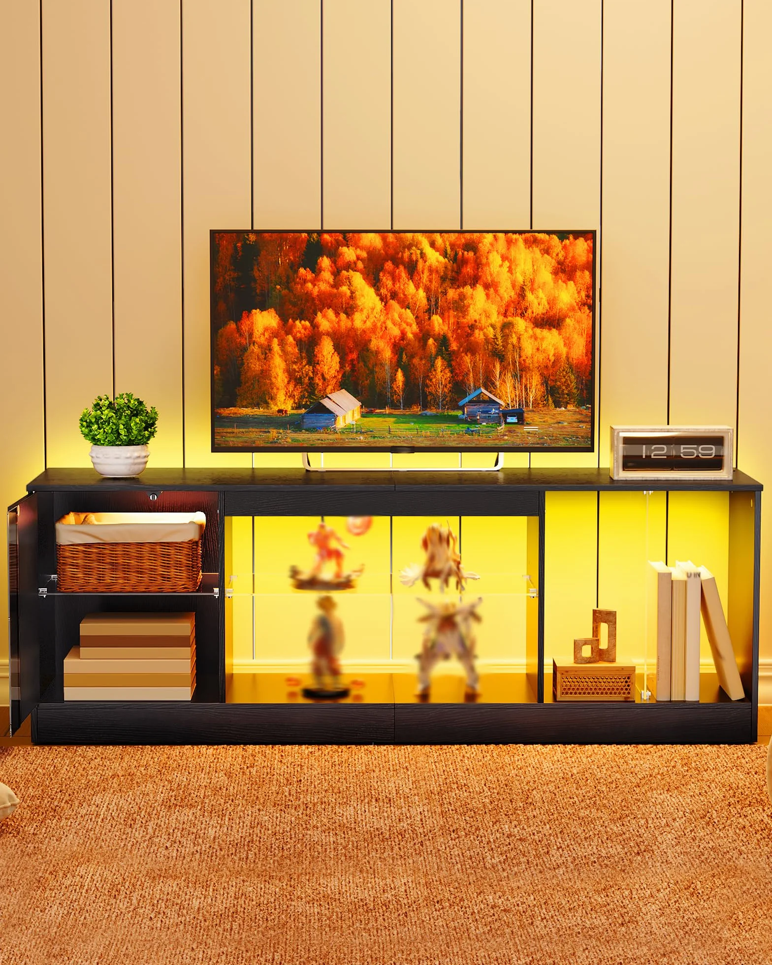 TV Stand with Power Outlets 55 65 inch, Modern Entertainment Center with Multi-Color LED Light, Media TV Console with Adjustable Glass Shelves for Living Room Black MDS01UDBB