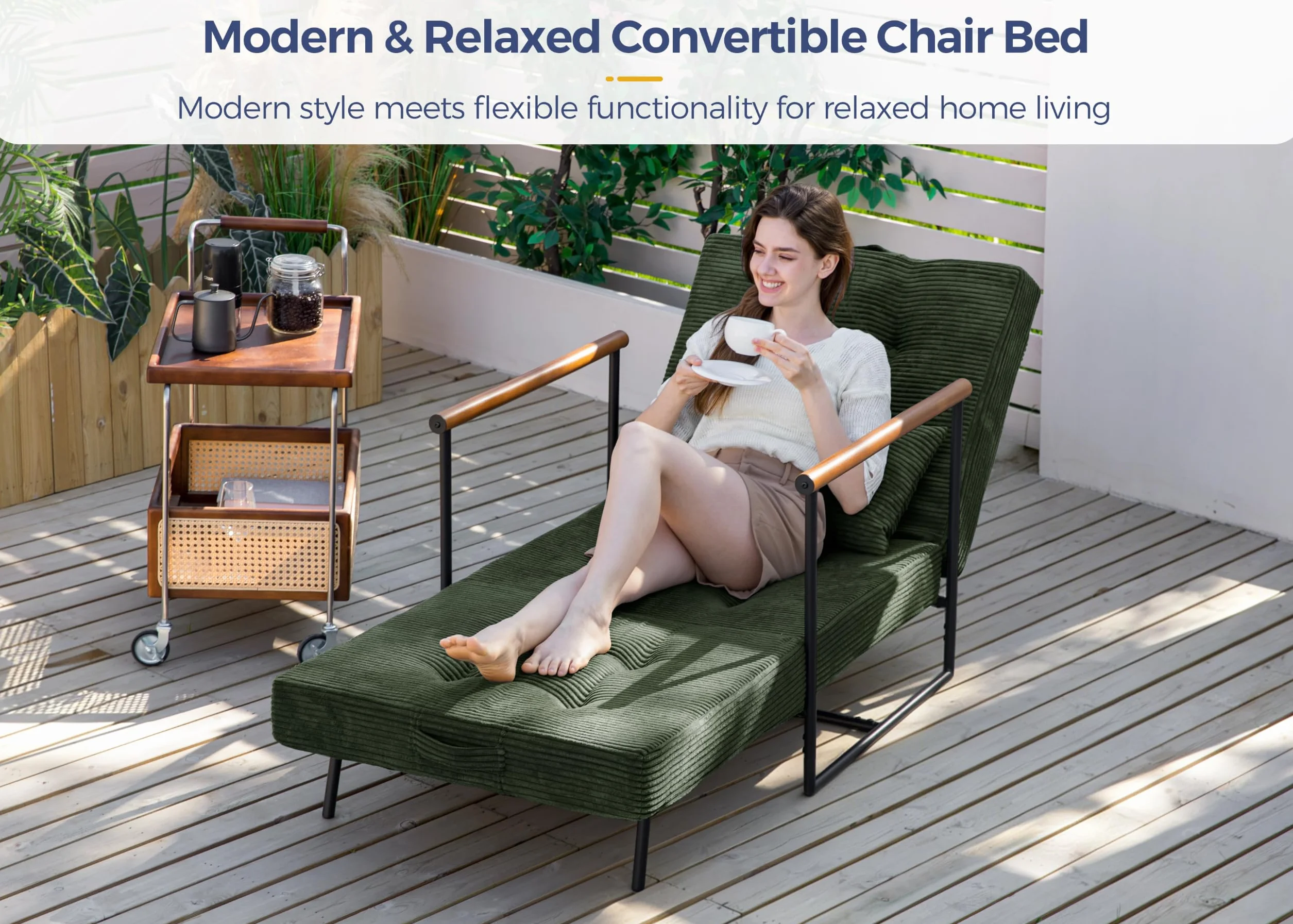 MAXYOYO Chair Bed, Adjustable Sleeper Chair, Single Sofa Bed with Frame | 2-in-1 Folding Lounge Chair, Adjustable Backrest and Tufted Corded Upholstery for Living Rooms or Bedrooms, Dark Green