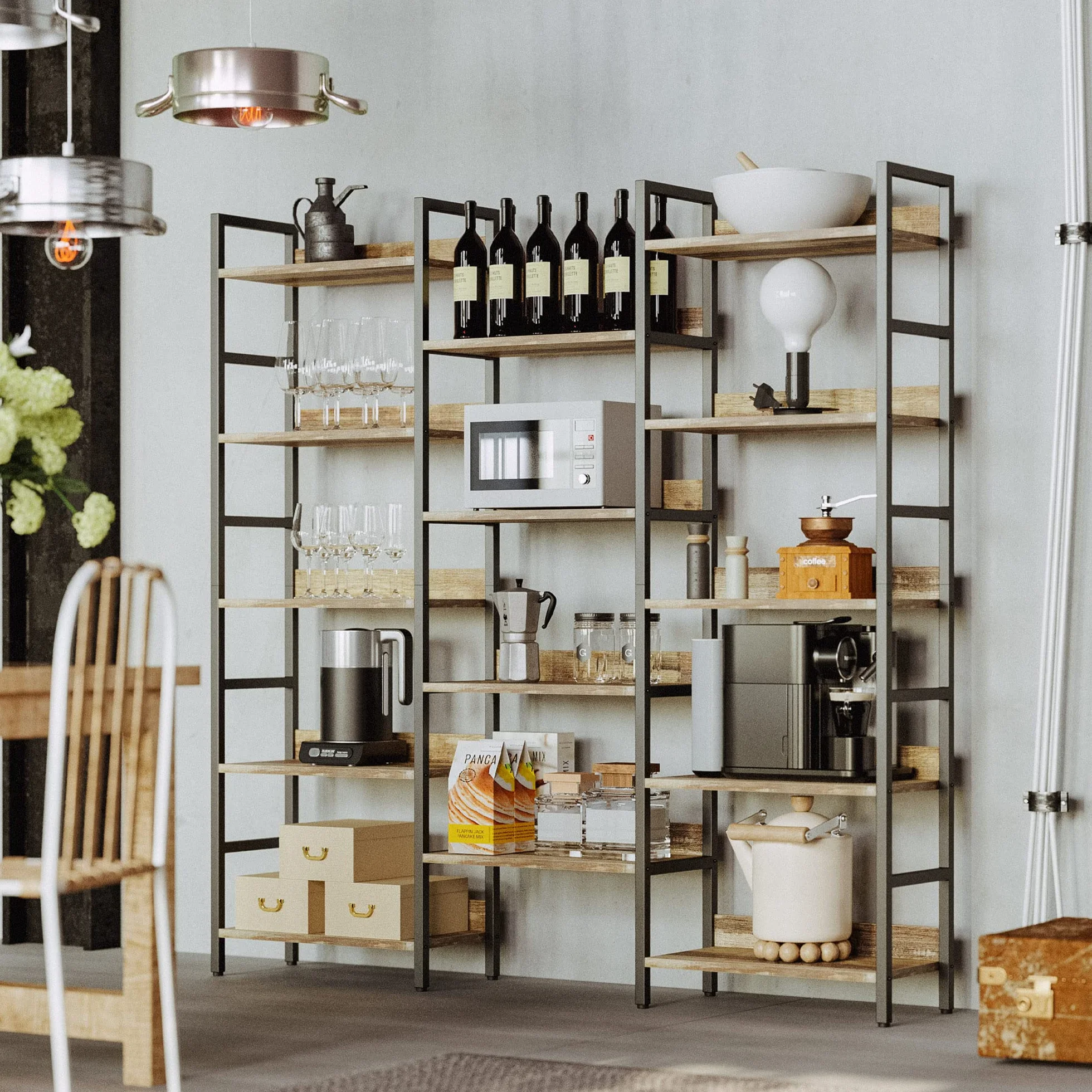 IRONCK Book Shelf, Bookshelves and Bookcases, 5 Tiers Bookshelf with Baffles, Large Bookshelf with Metal Shelving, Triple Wide Shelves for Living Room, Home Office