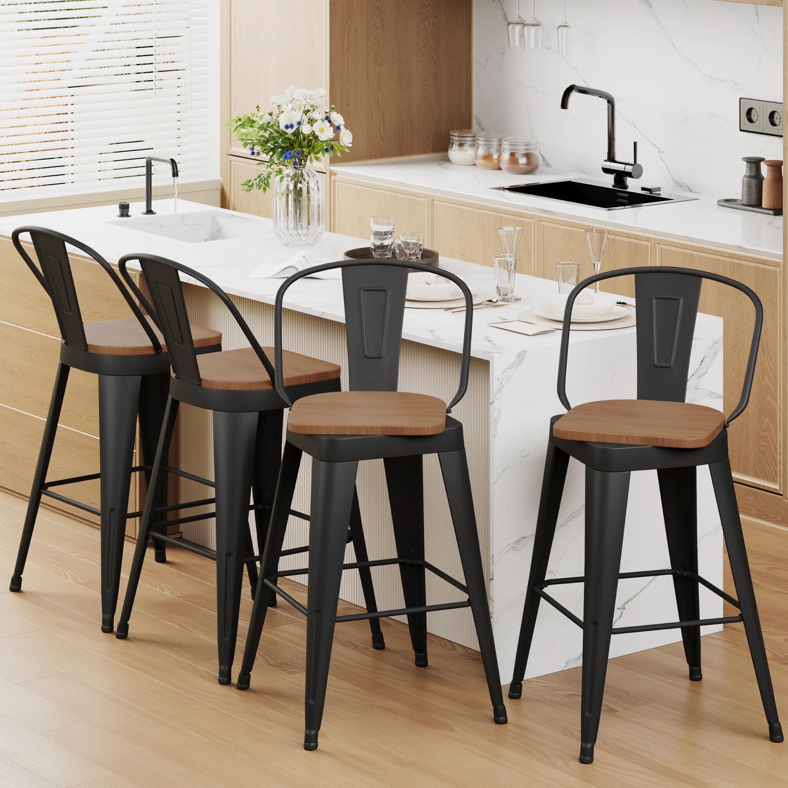 Aklaus Swivel Bar Stools 24 inch Swivel Metal Counter Height Barstools Set of 4 Modern Farmhouse Bar Chairs with High Backs and Large Wooden Seat for Kitchen Island Dining Room Matte Black