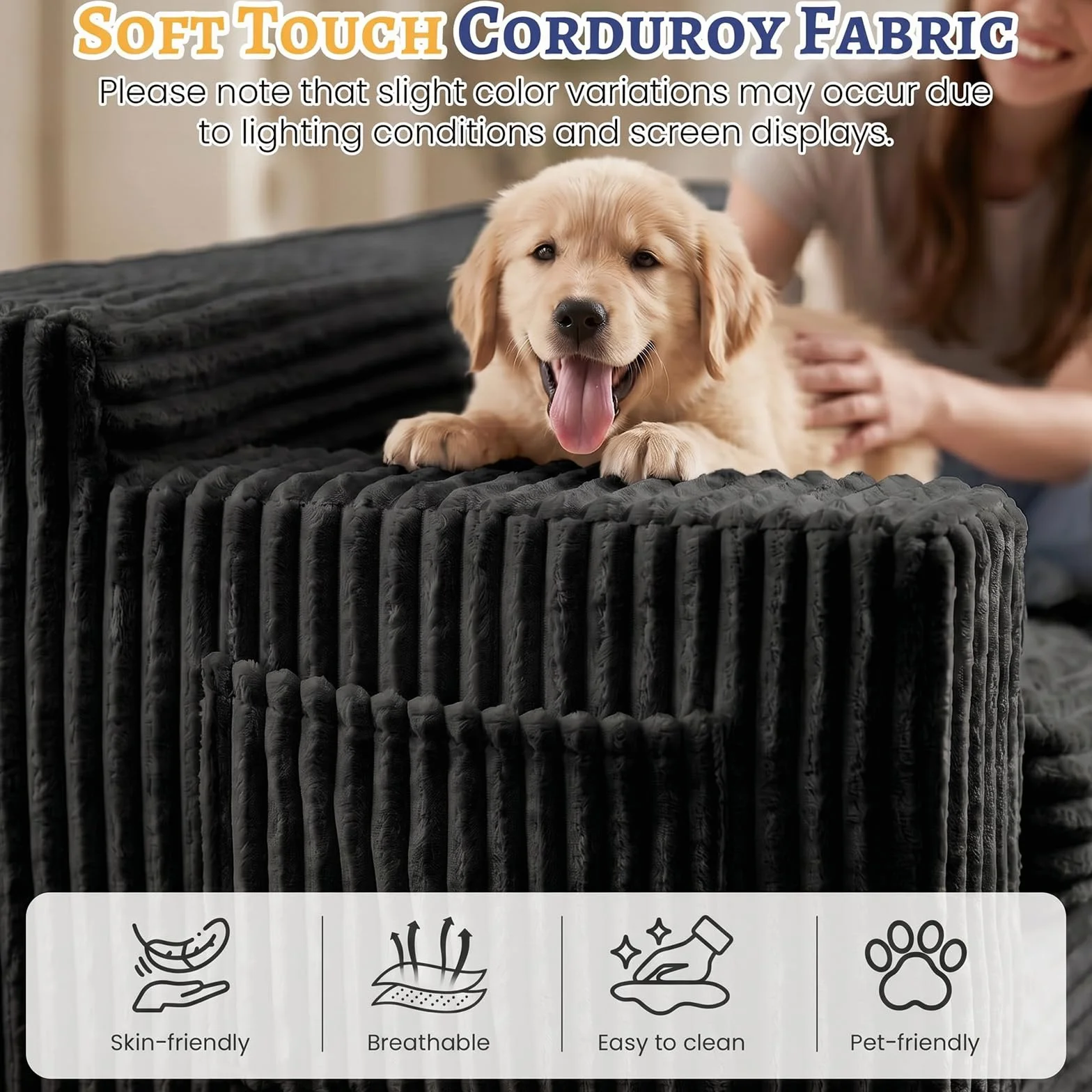 Boneless Couch, Cloud Loveseat Sofa Corduroy Couch in a Box, Upholstered Boneless 3 Seater Couch for Living Room Bedroom Office Apartment, No Assembly Required, Black
