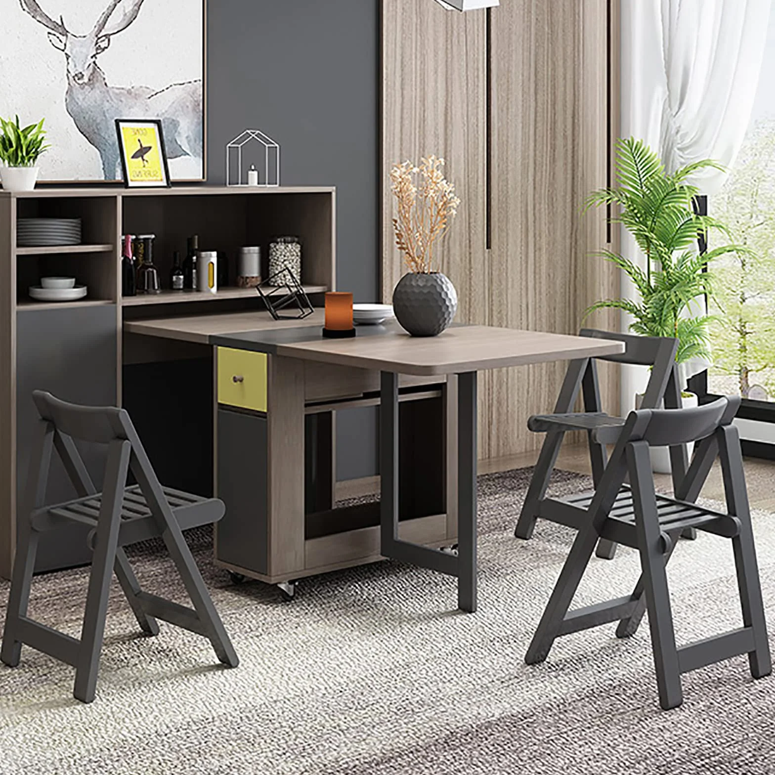 Drop Leaf Folding Dining Table with Storage, 2 Drawers, Grey | 3 Foldable Forms, Space Saving, Movable on Casters, for Kitchen Dining Living Room, Extendable, Versatile