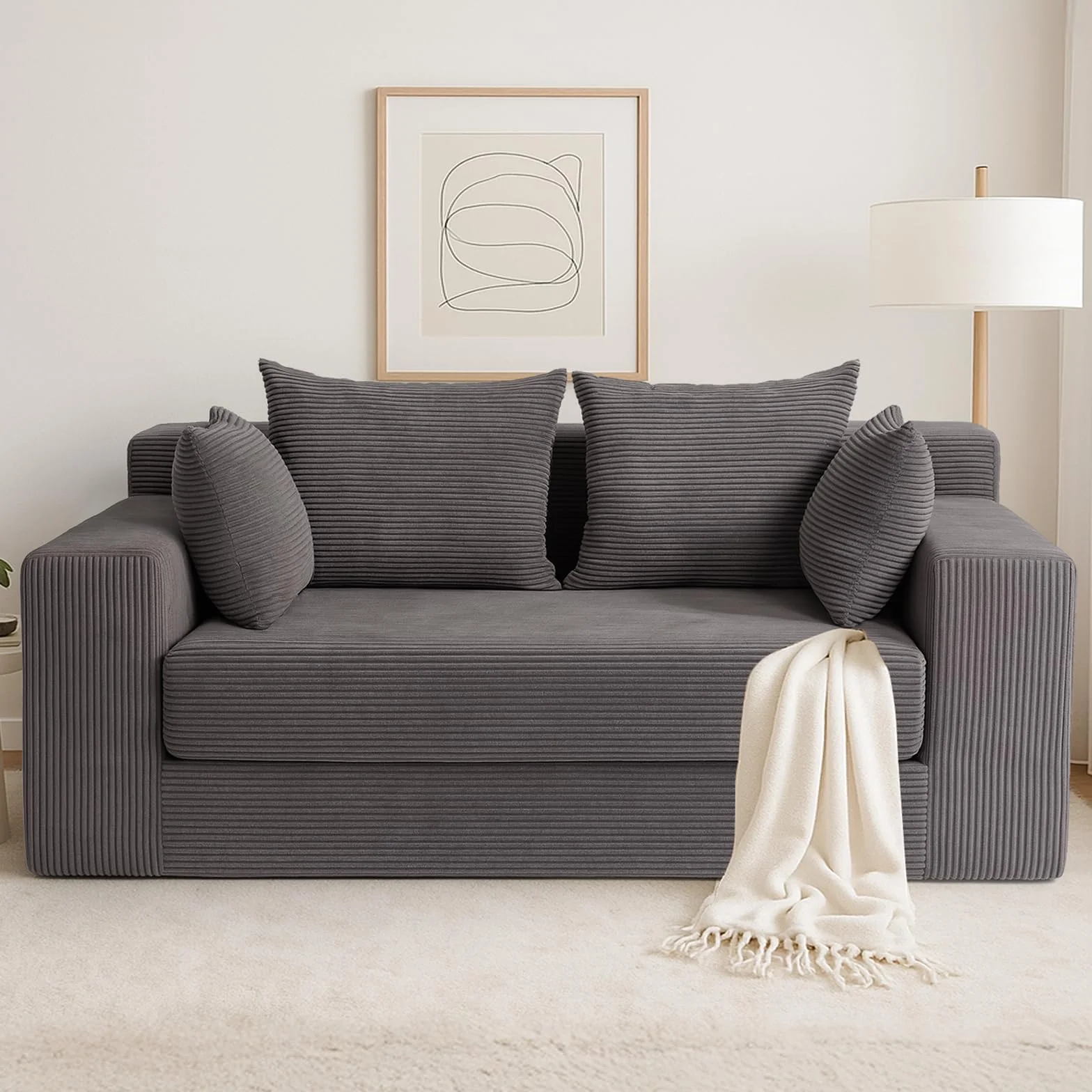 cidludto Convertible Sofa Bed, 3 in 1 Loveseat Folding Couch Bed Foldable - Boneless Couch & Floor Futon, Corduroy Pull Out Sofa Bed with 4 Pillows for Living Room, Grey