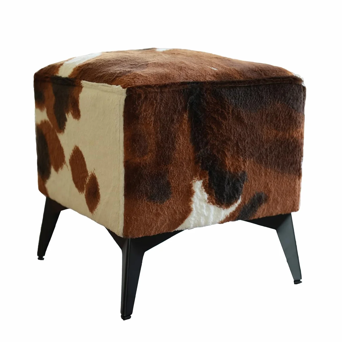 Brown Cow Print Ottoman, Faux Cowhide Footstool, Western Style | 16x16x17 Inch Cube Stool, Solid Metal Legs, Animal Print Ottoman, Farmhouse Decor for Living Room, Bedroom, Entryway