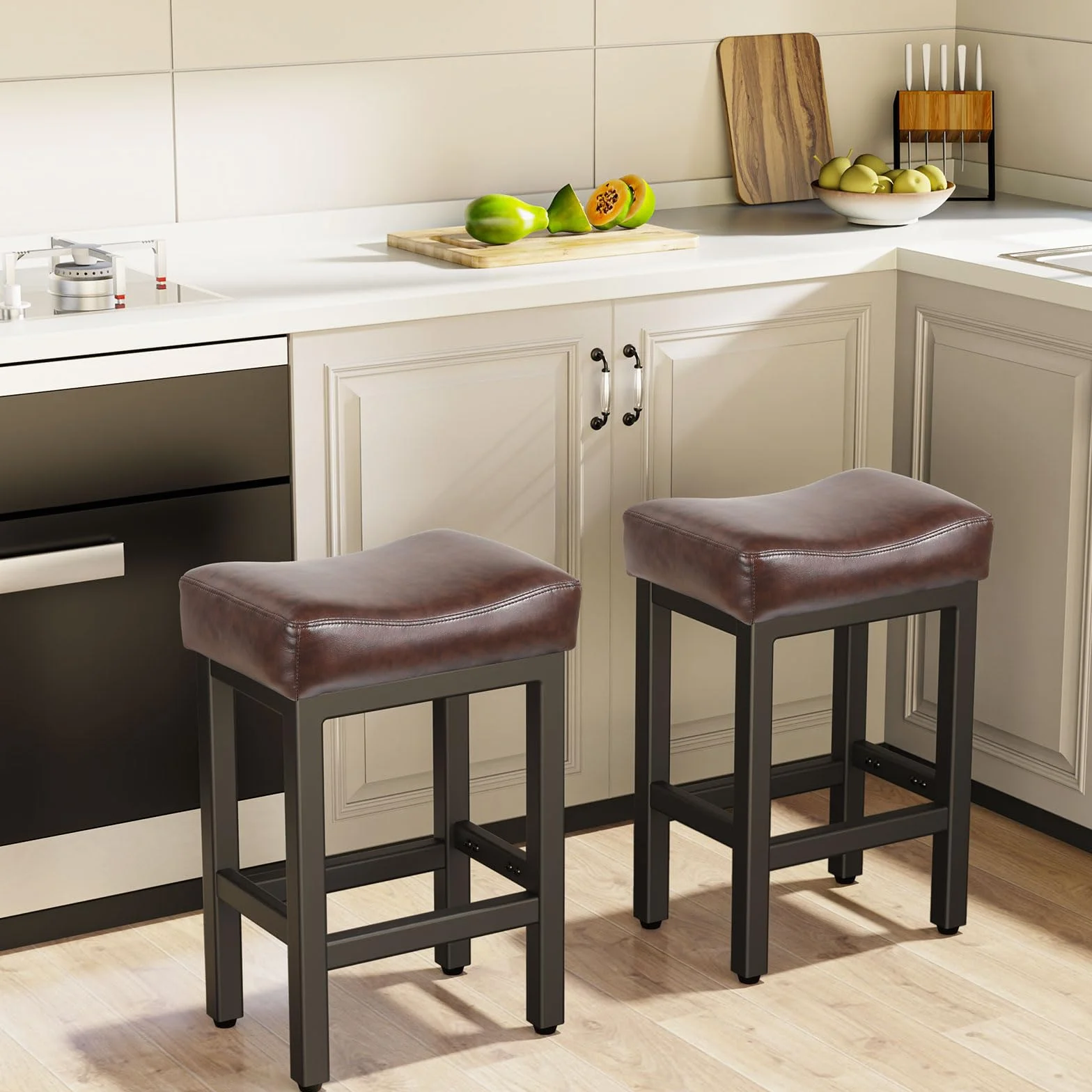 Raynesys 24 Inche Bonded Leather Counter Height Bar Stools Set of 2 Square | Barstools with Thick Bonded Leather Saddle Seats & Heavy Duty Metal Base for Kitchen Counter, Easy Assembly, All Black