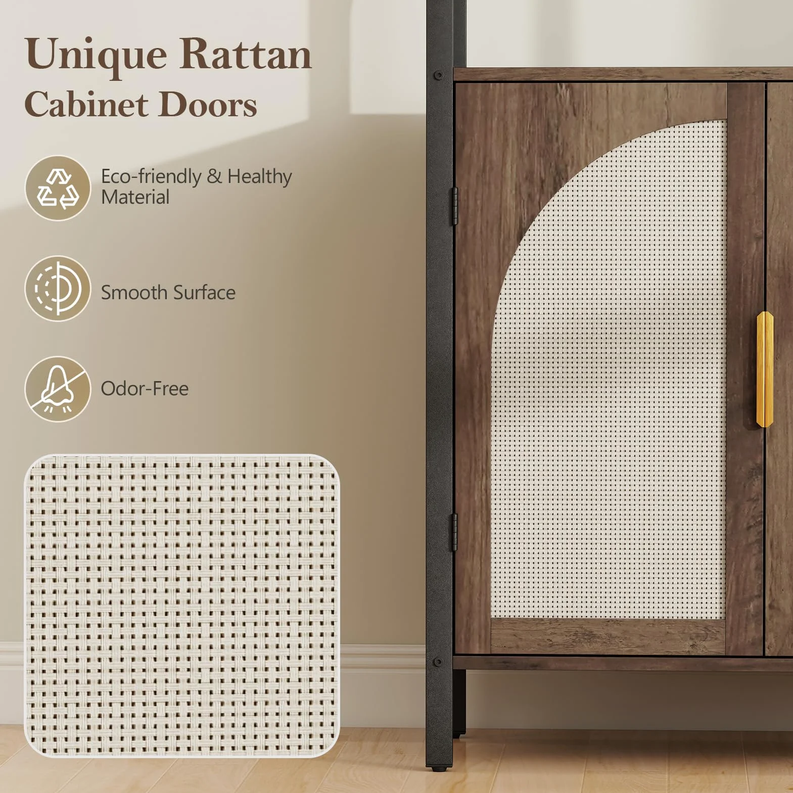 Turosur Rattan Bookshelf with Storage, Boho Bookcase with Wicker Doors, 71" Tall Book Shelf with LED Lights for Living Room, Brown