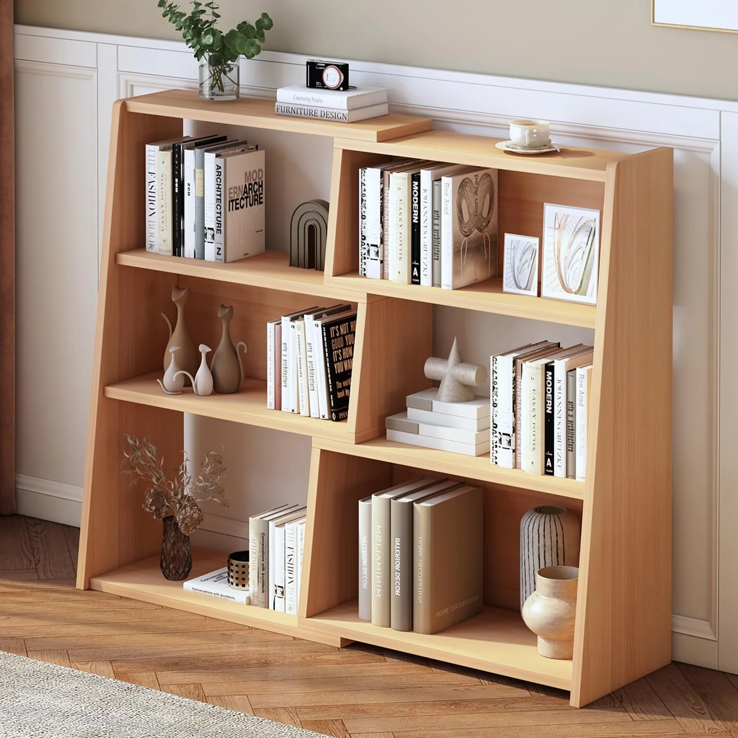 IOTXY Wooden Extendable Shelf Bookcase, 3-Tier Low Bookshelf, Oak, S | Adjustable Two-piece Design, 6 Open Cubbies, Extends 23.6"-43.3" for Straight Walls, Corners, and Small Spaces