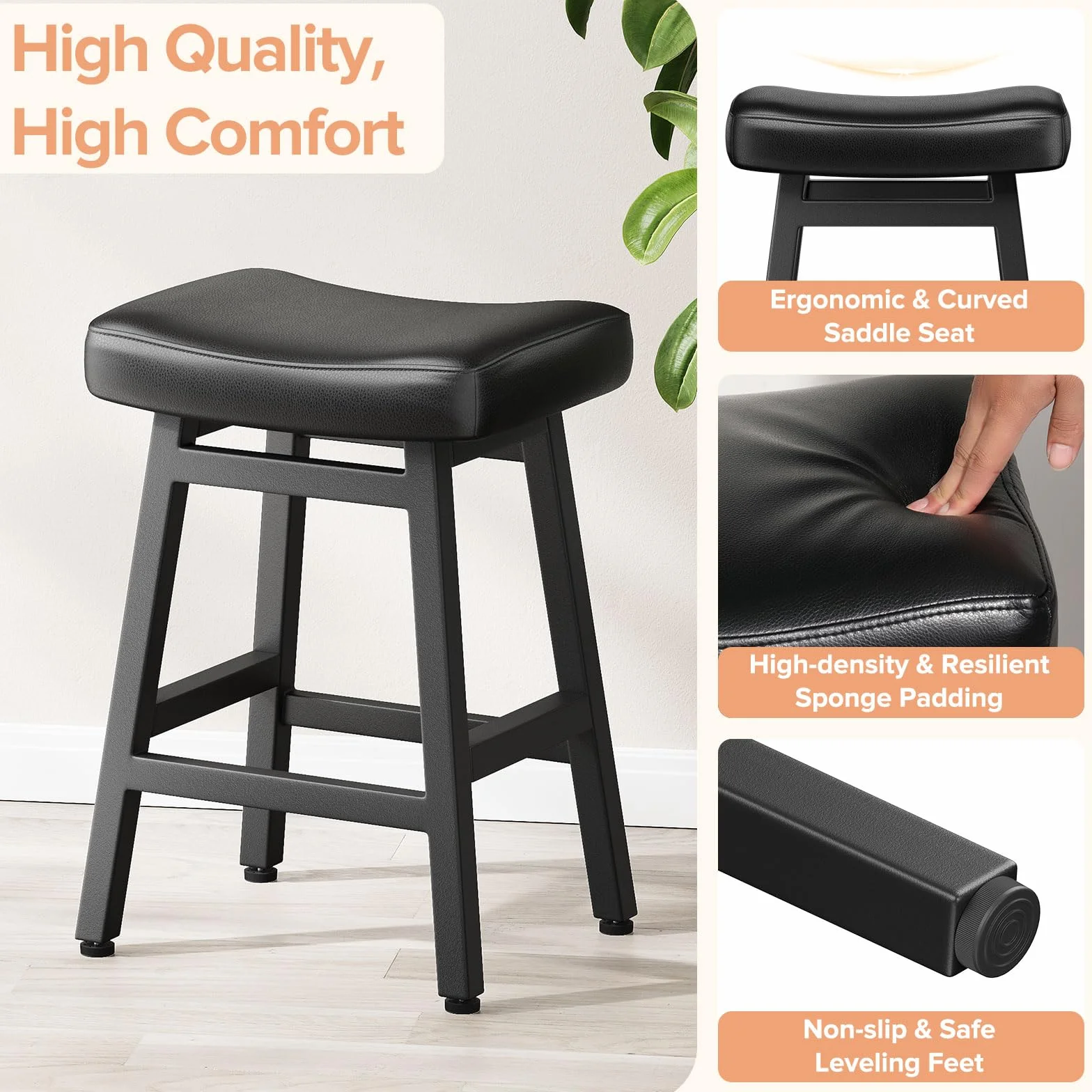 Raynesys 24 Inche Bonded Leather Counter Height Bar Stools Set of 2 Curved | Barstools with Curved Bonded Leather Seats & Heavy Duty Metal Legs for Kitchen Counter, Easy Assembly, All Black