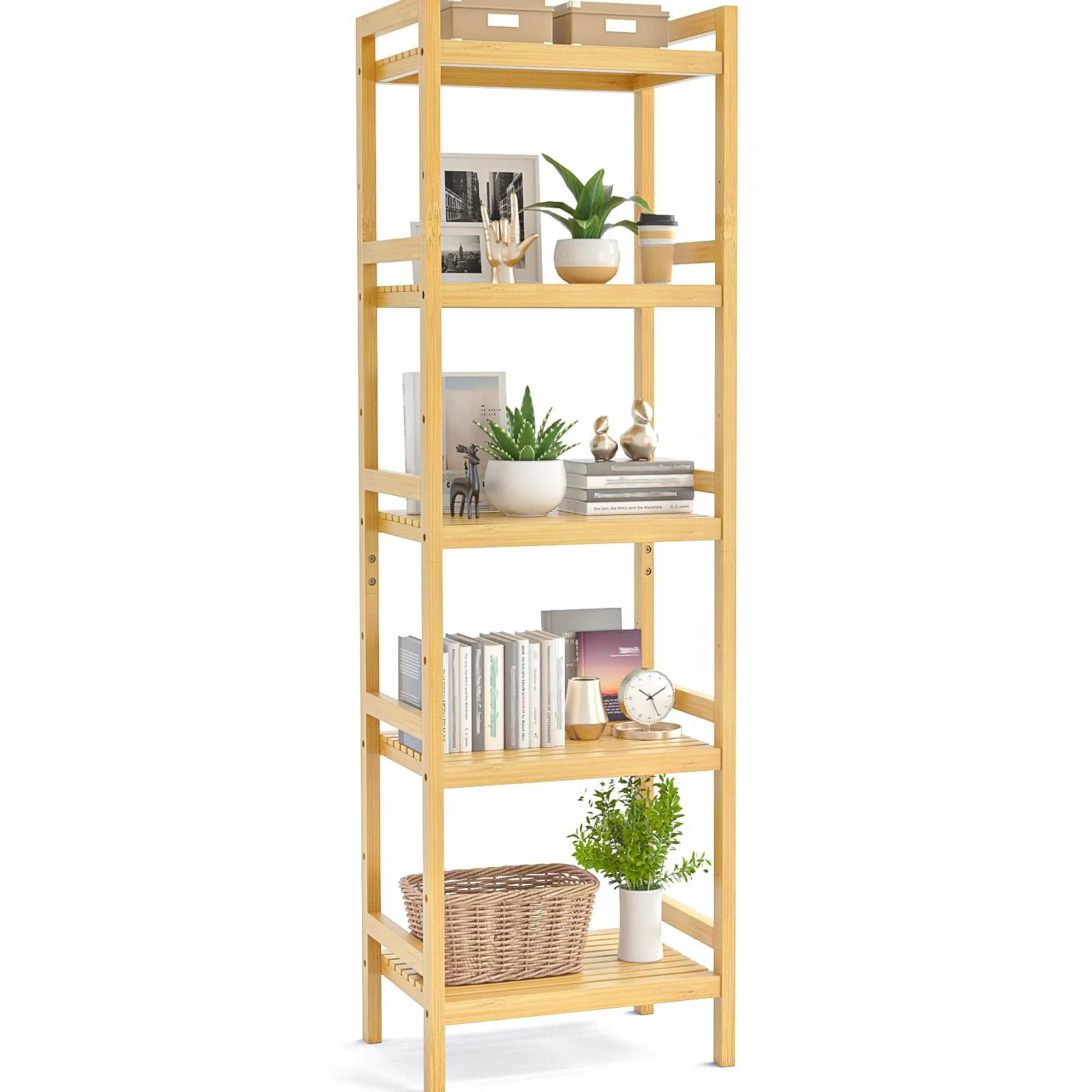 Bamboo Bookshelf, 5-Tier Narrow 55.9” Adjustable Book Shelf Bookcase Bathroom Shelves Freestanding Storage Stand for Living Room, Bedroom, Kitchen, Rust Resistance, Easy Assembly, Natural