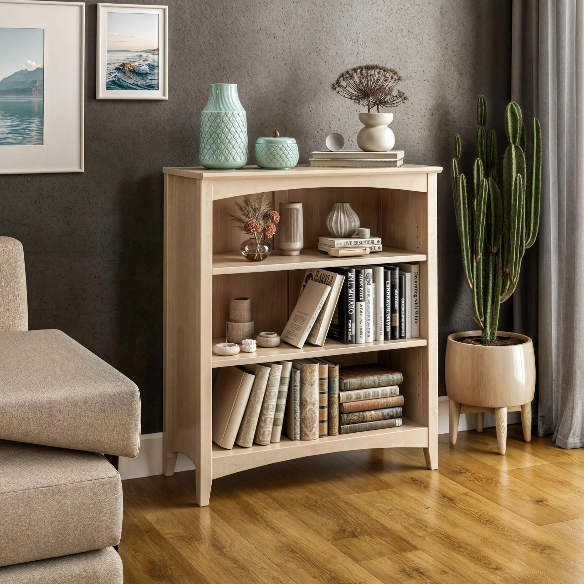 Camaflexi Shaker Style 3 Shelf Bookcase/Solid Wood / 36" High/Adjustable Shelving/Closed Back/Display Bookshelf for Living Room, Bedroom, Home and Office, Light Oak