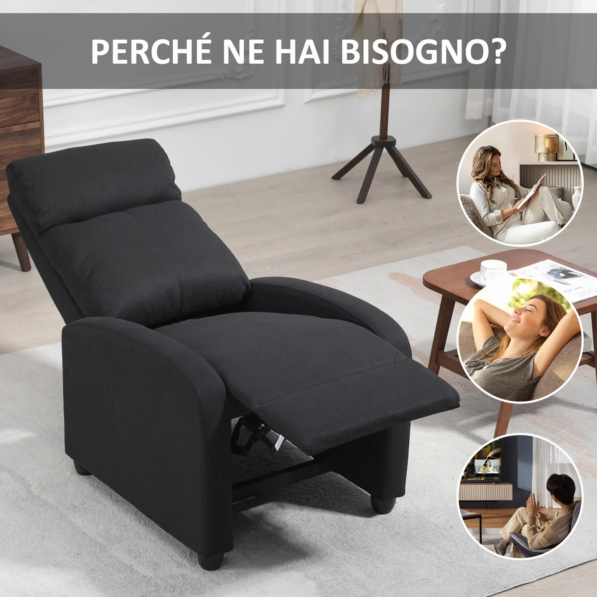 HOMCOM Manual Reclining Relax Armchair with Footrest, Reclining Armchair Upholstered in Linen and Steel Effect Fabric for Bedroom, Living Room and Living Room, Black