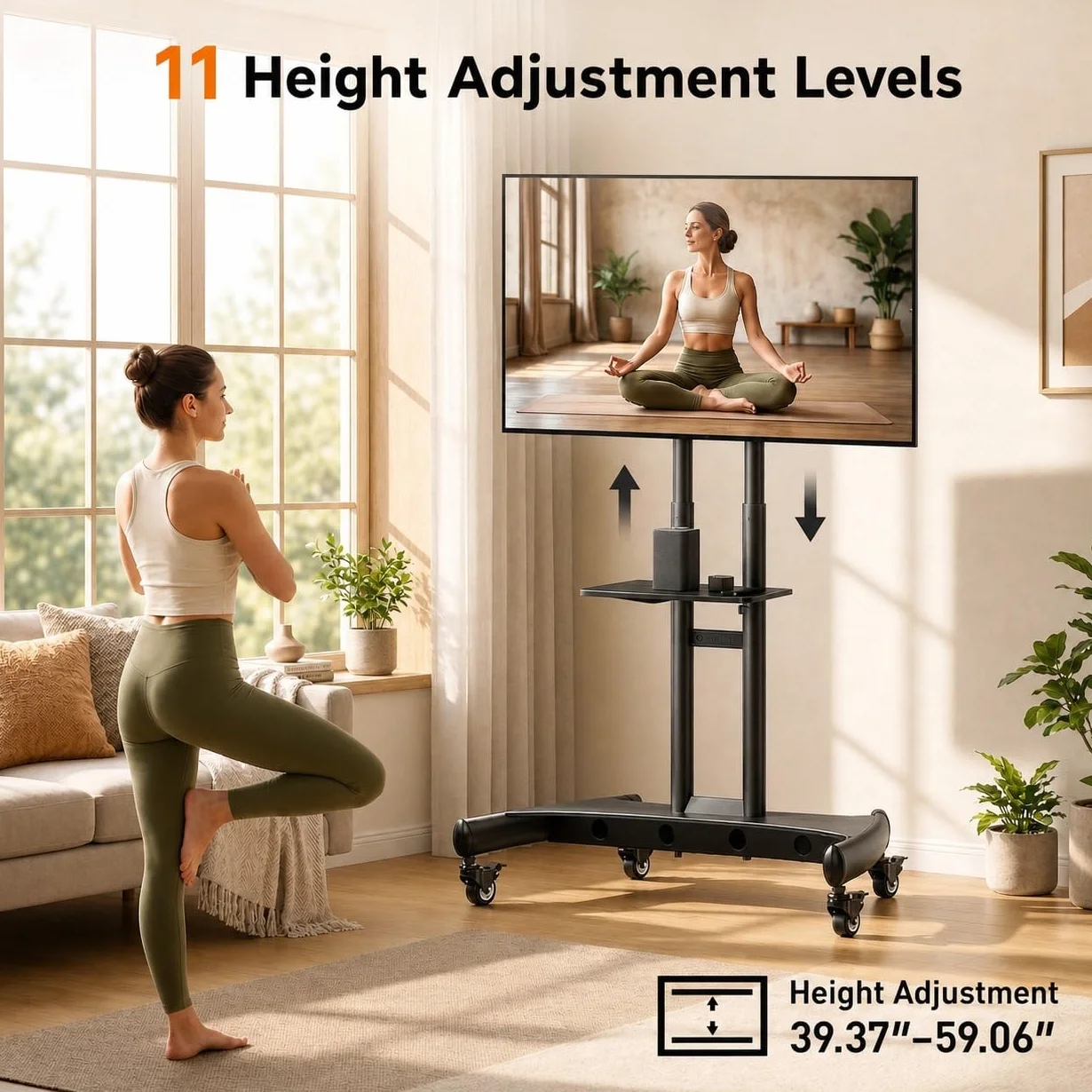 Perlegear Rolling TV Stand for 32-84 Inch TV, Mobile TV Cart up to 100lbs, Adjustable Height Outdoor TV Cart with Heavy-Duty Base, VESA 600x400mm, Portable TV Stand on Wheels for Livingroom PGTVMC05-1