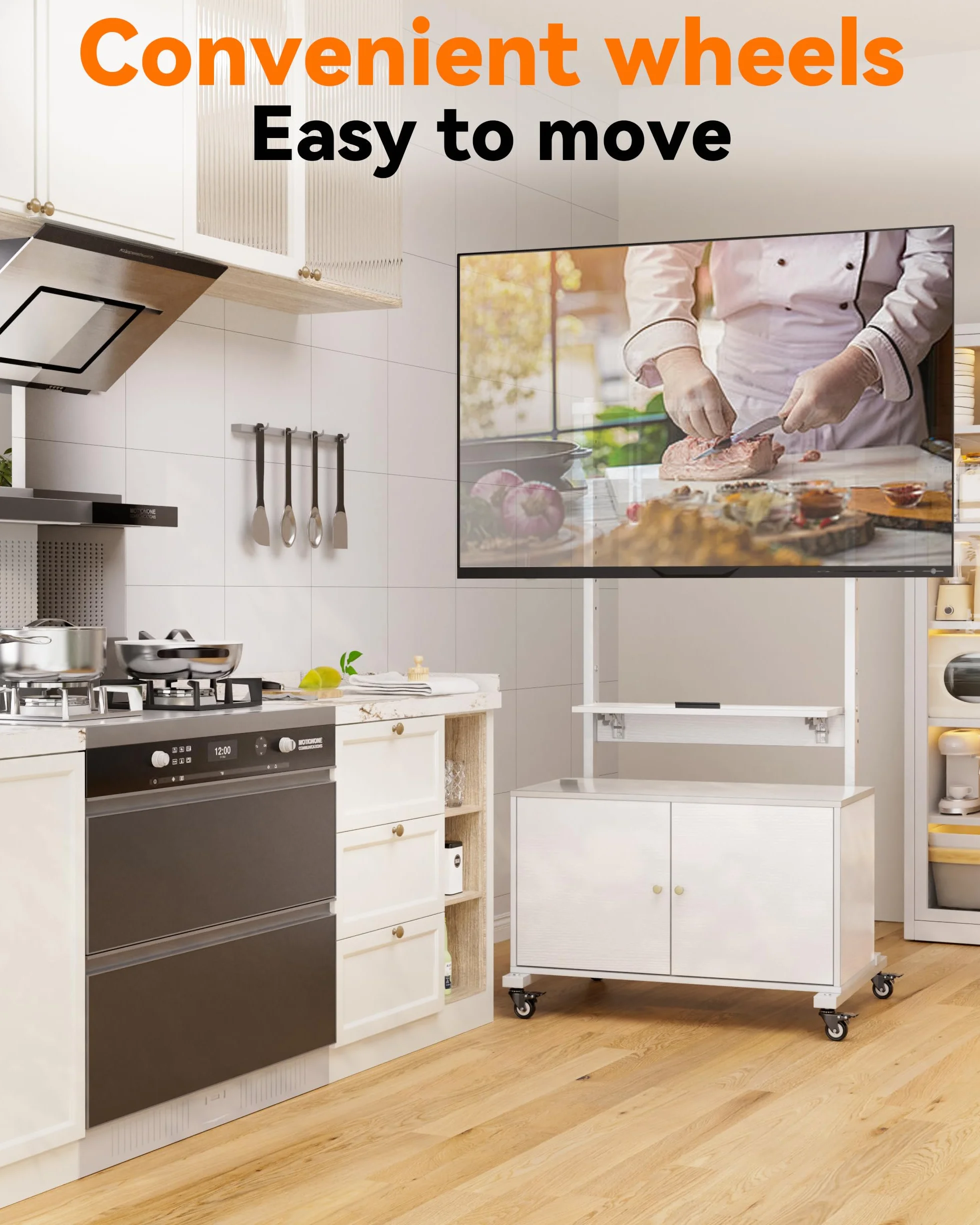 Entertainment Center with TV Mount,Rolling TV Stand with Storage Suitable for 32-75in Screen,TV Floor Stand on Wheels with Foldable Table,Height Adjustable Mobile TV Stand for Outdoor and Living Room