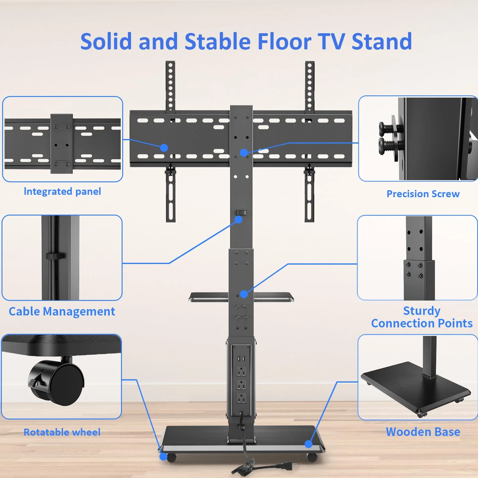 Afaloona Rolling TV Stand with Power Outlet for 32-75" TV, Max Load 110 lbs | Mobile TV cart with 18 height adjustments, ±30° swivel, media shelf and Max VESA 600×400mm for living room office and outdoor