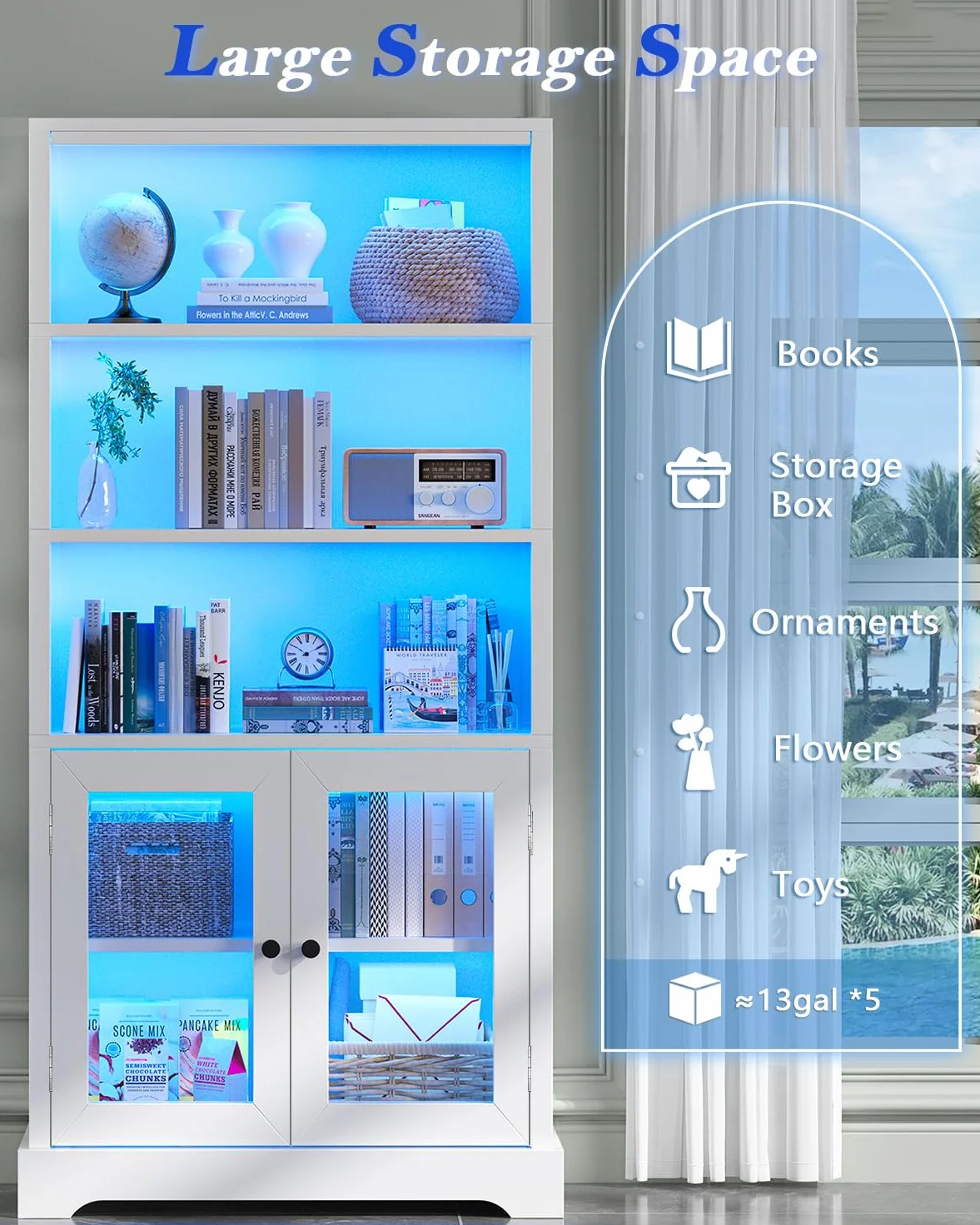 TVU 5-Tier Bookshelf, 65" Bookshelf with Multi-Color Ambient Lights (APP Remote Control), Tall Vertical Display Shelf with Cabinet Doors, Suitable for Living Room, Bedroom, Study, Office, White