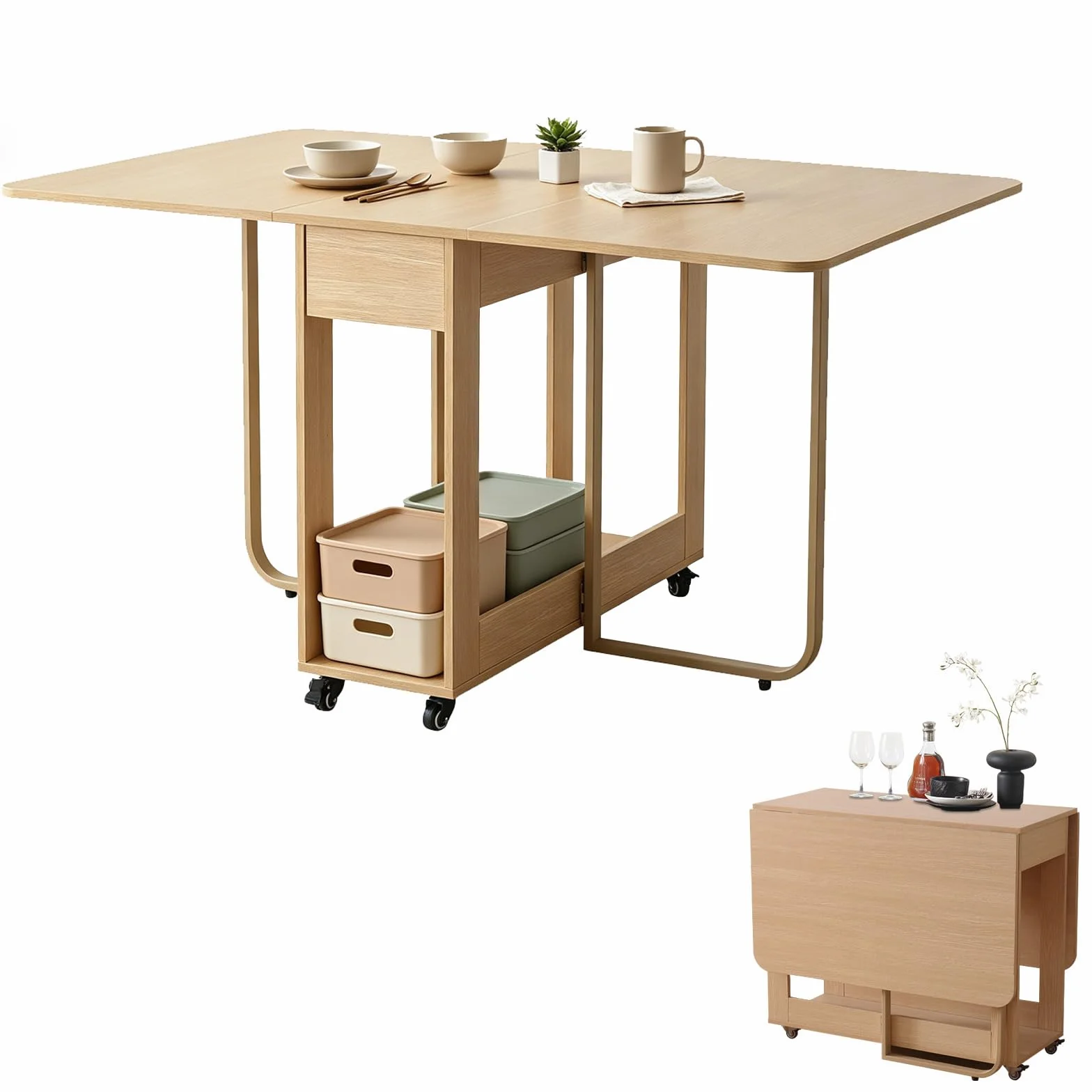Folding Dining Table, 35.4" x 54.9" Expanded Drop Leaf Table for 4-6, Wood | 300lb Capacity, 2 Drawers, Lockable Wheels, Space-Saving Folding Kitchen Table for Dining Room/Apartments/RV/Home Office/Room