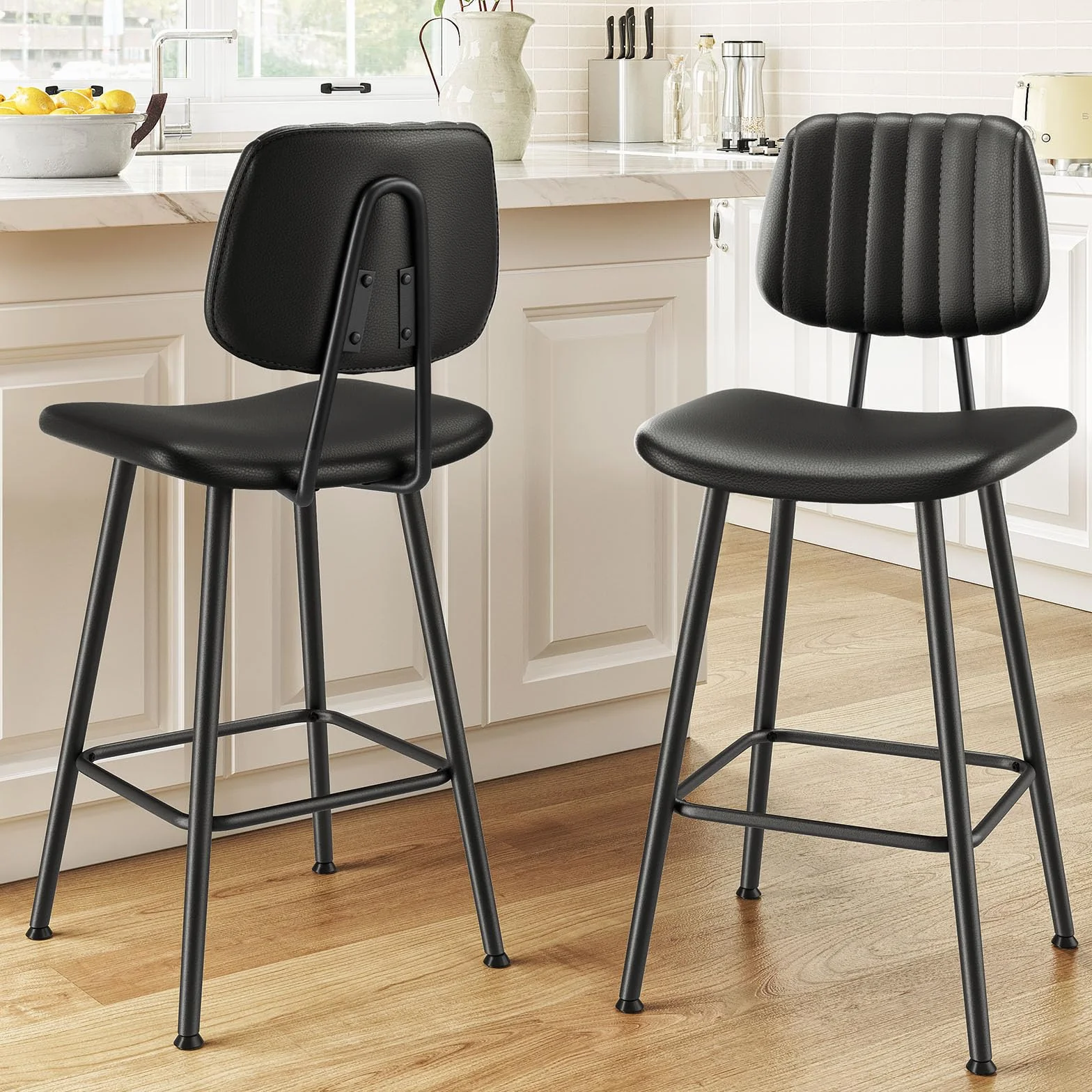 Raynesys 24-Inch Leather Bar Stools Set of 2 with High Backrest, Black | Faux Leather, Counter Height Barstools, Heavy Duty Metal Legs, With Footrest, For Kitchen Island