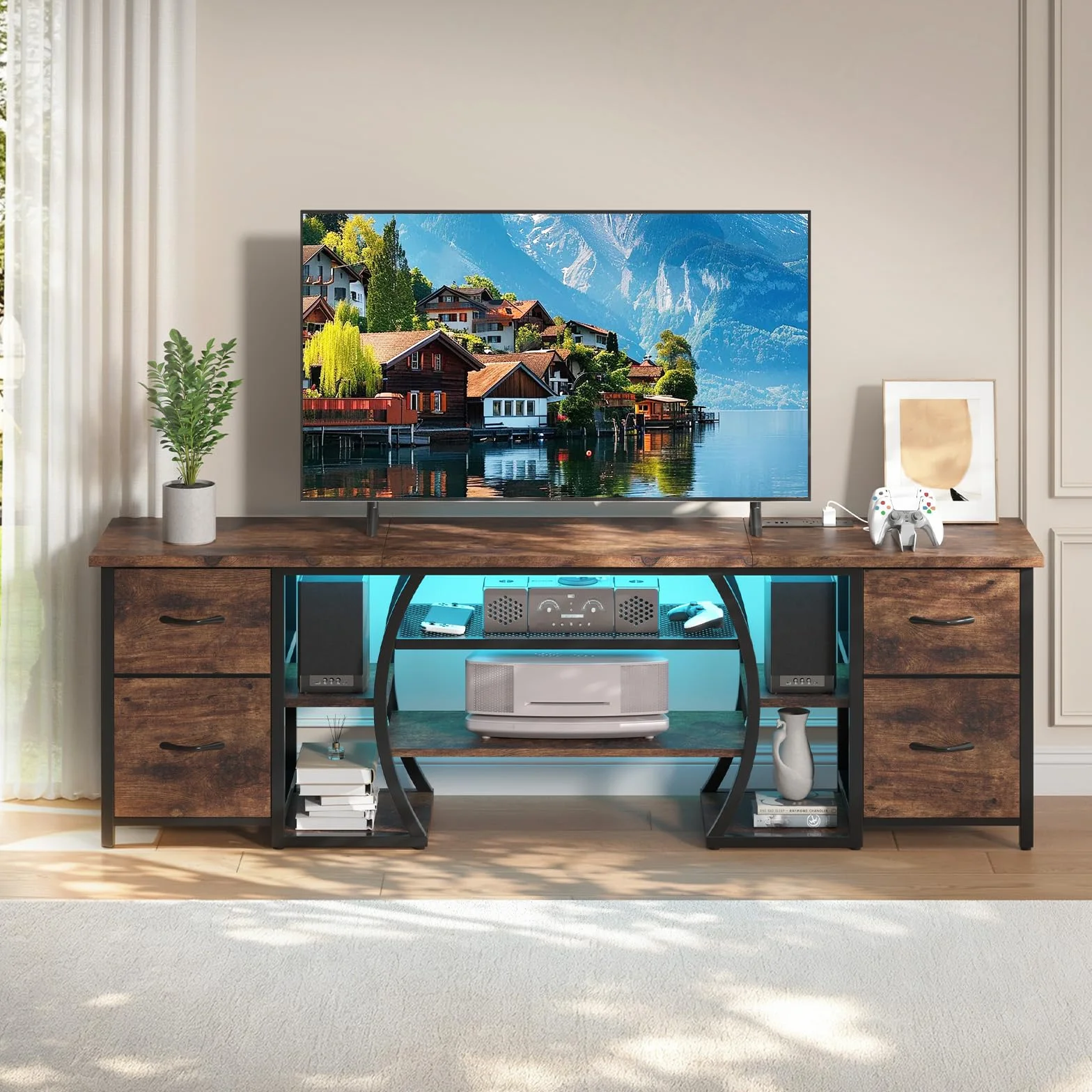 LED TV Stand for 65, 70, 80 Inch TV,71 Inch Industrial Entertainment Center with Power Outlets,Media Console Table with Open Storage Shelves & Fabric Drawers for Living Room Bedroom,Rusti Brown