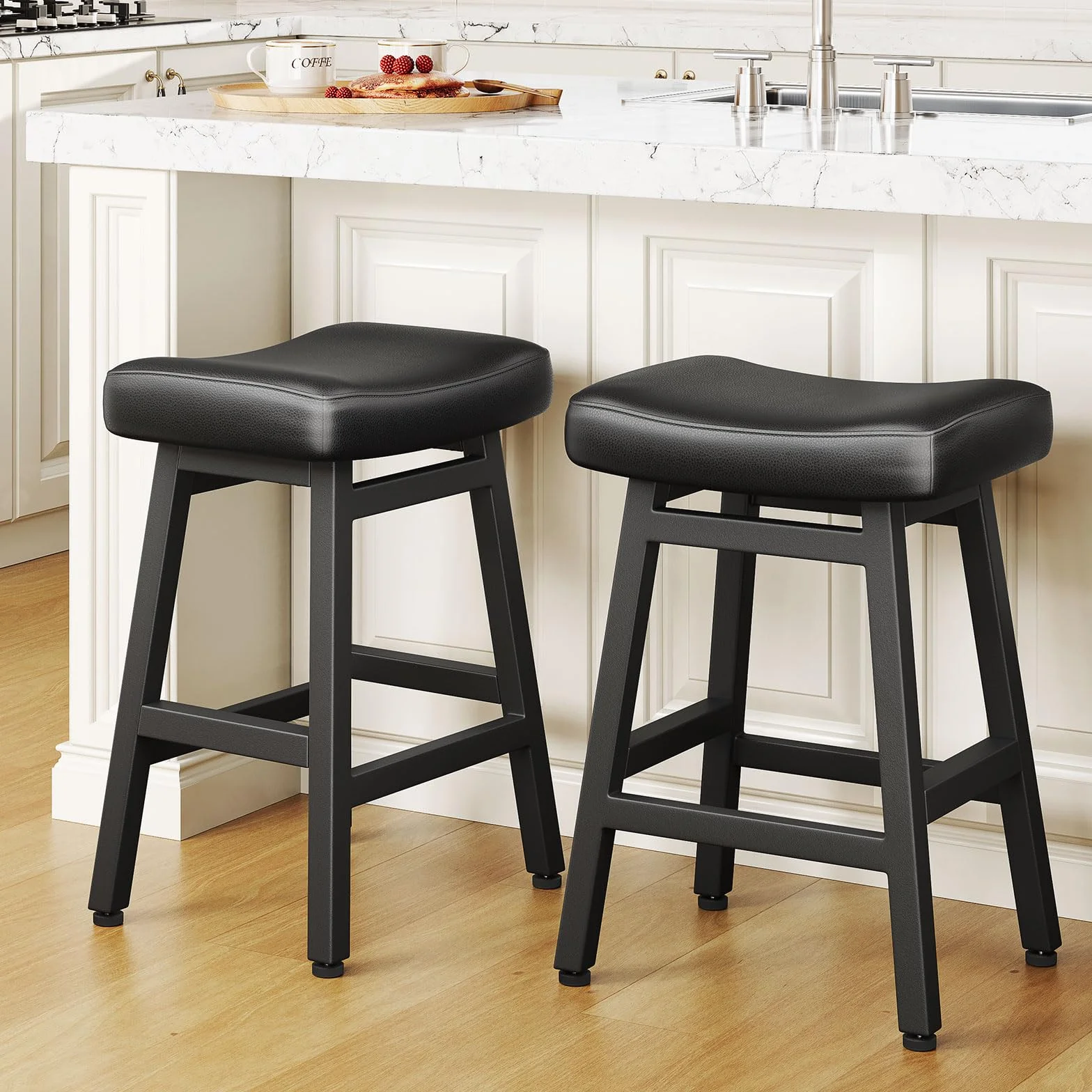 Raynesys 24 Inche Bonded Leather Counter Height Bar Stools Set of 2 Curved | Barstools with Curved Bonded Leather Seats & Heavy Duty Metal Legs for Kitchen Counter, Easy Assembly, All Black