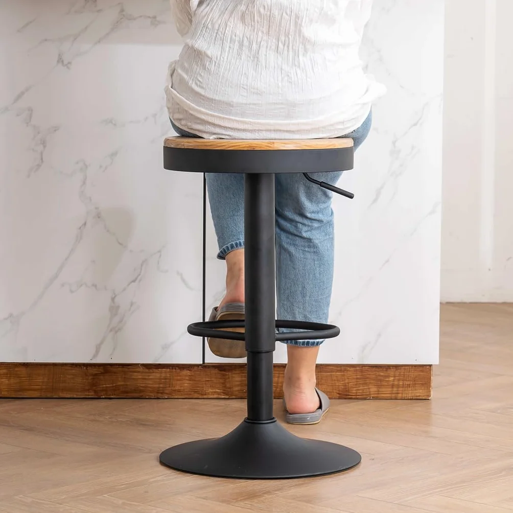 Kidol & Shellder Black Bar Stools Set of 2 Adjustable Swivel Backless Barstools Modern Round Wooden Seat Counter Height Bar Chairs Armless for Kitchen Island, Cafe, Dining Room