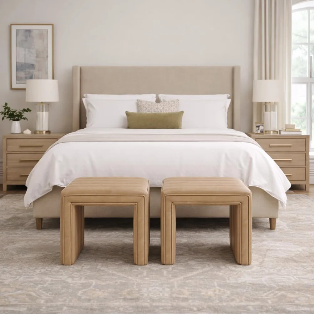 HomePop 19" Modern Channel Tufted Ottoman - Sand Faux Leather
