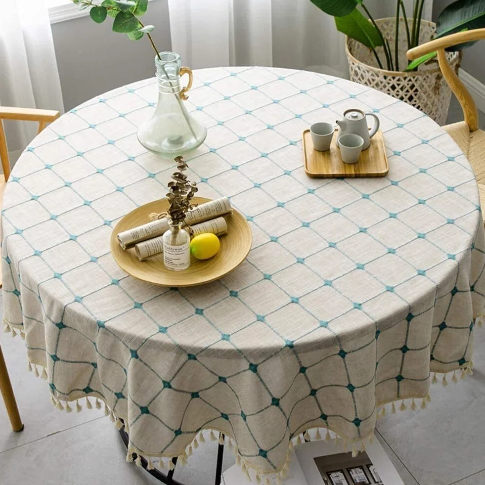 Tovaglia Trasparente Cotone Lino Tovaglia Rotonda a quadretti Nappa Antipiega Tovaglia Lavabile Antipolvere Copertura Tavolo Da Pranzo per Cucina Proteggi Tavolo Picnic