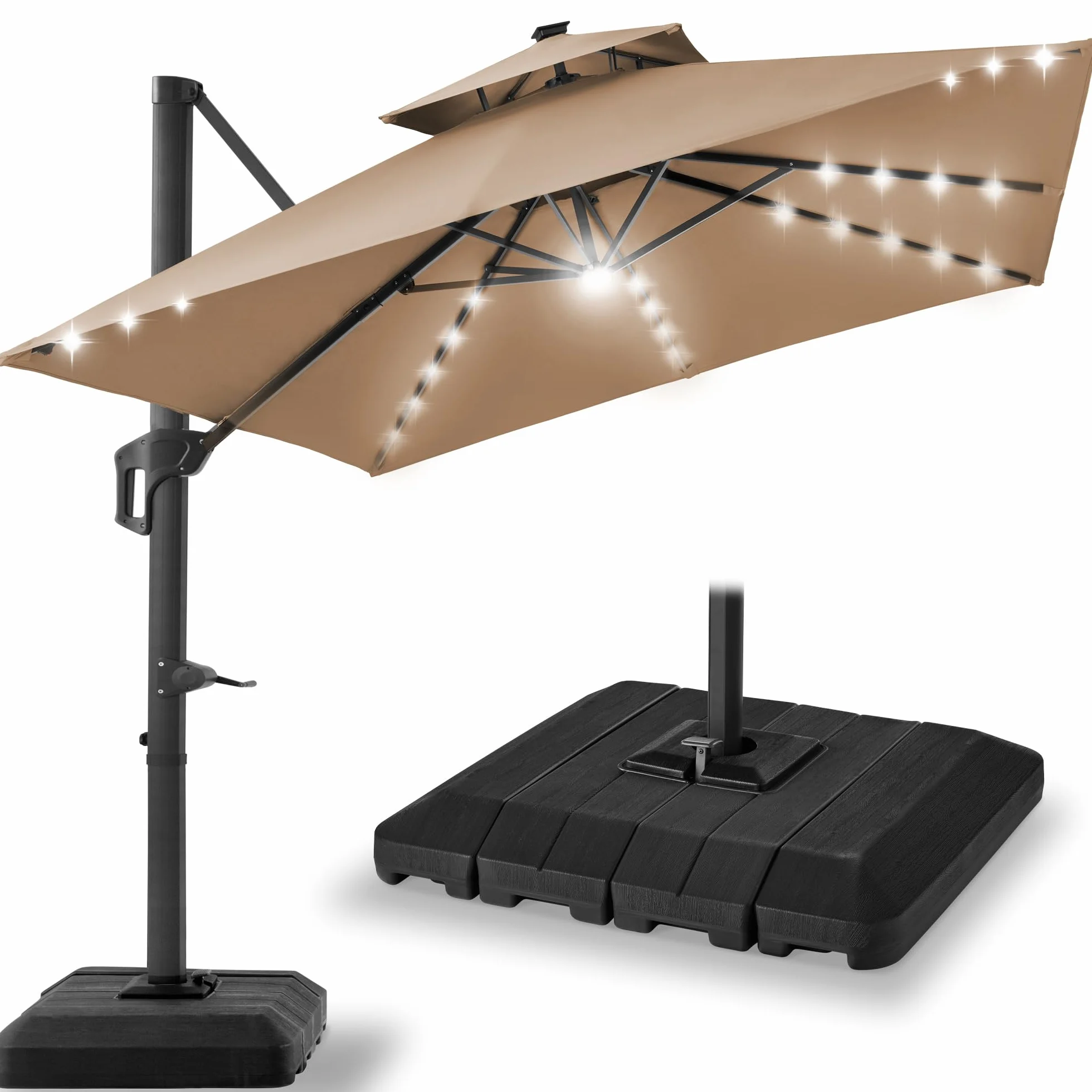 Best Choice Products 10x10ft Cantilever Patio Umbrella w/Base Included, Solar LED Lights 360 Rotation Large Offset Hanging Outdoor Shade for Deck Pool Backyard w/Stand – Tan
