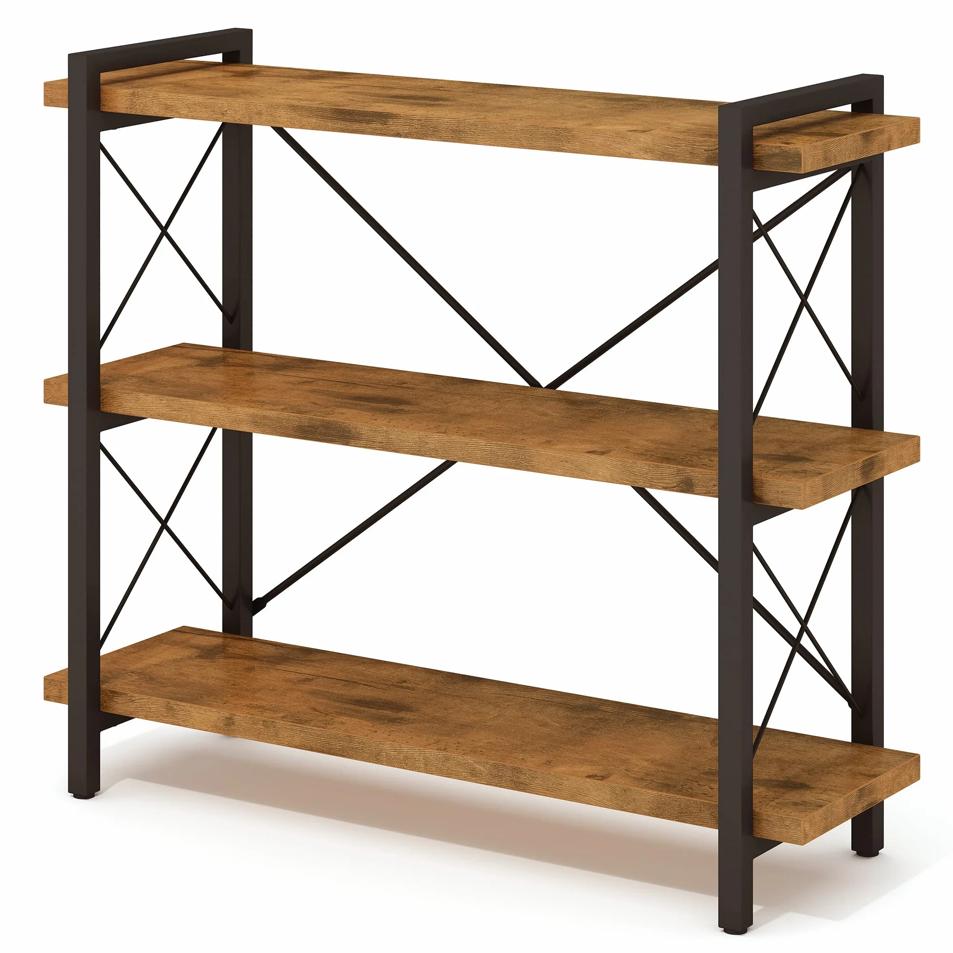 HCHQHS 3-Tier Industrial Bookshelf, 35" W x 12" D x 35" H | 1.2" Shelf Thickness, 14.17" Shelf Height, Wood and Metal, Horizontal, Rustic Brown, for Office Living Room Bedroom