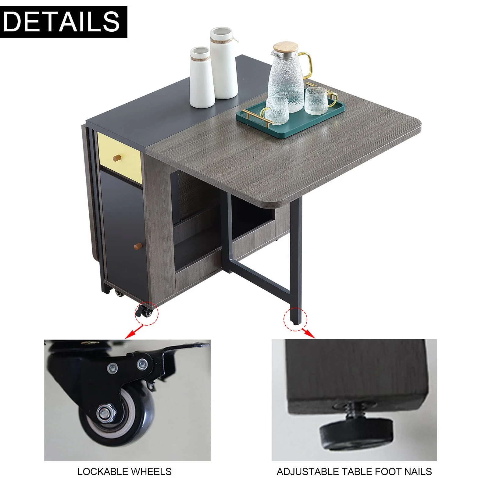 Drop Leaf Folding Dining Table with Storage, 2 Drawers, Grey | 3 Foldable Forms, Space Saving, Movable on Casters, for Kitchen Dining Living Room, Extendable, Versatile