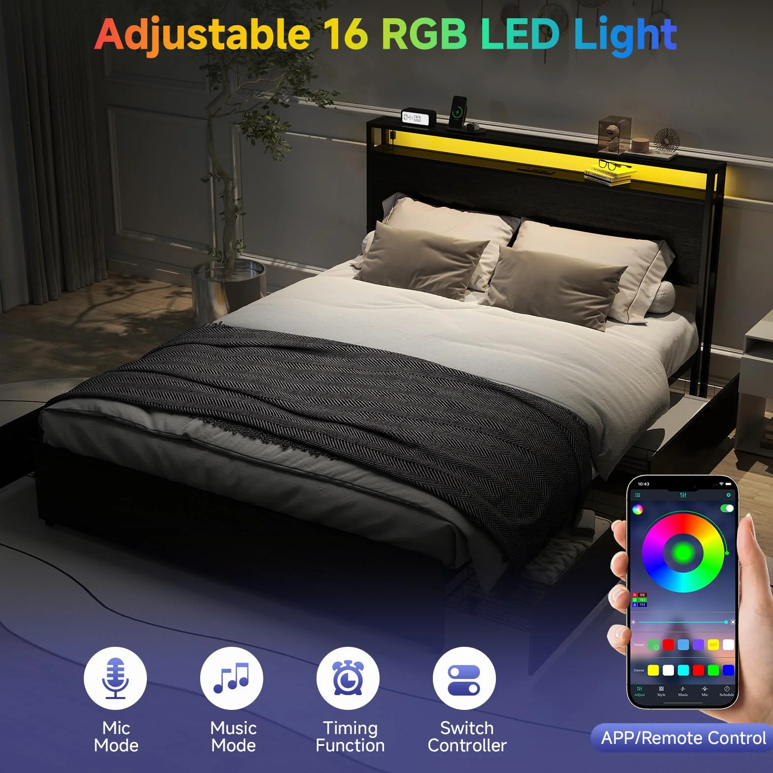 Zevemomo Queen Bed Frame with 4 Storage Drawers, No Noise, Black | Queen Size Bed Frame with Headboard, LED, Charging Station with USB Ports & AC Outlets, Sturdy Metal Slat Support