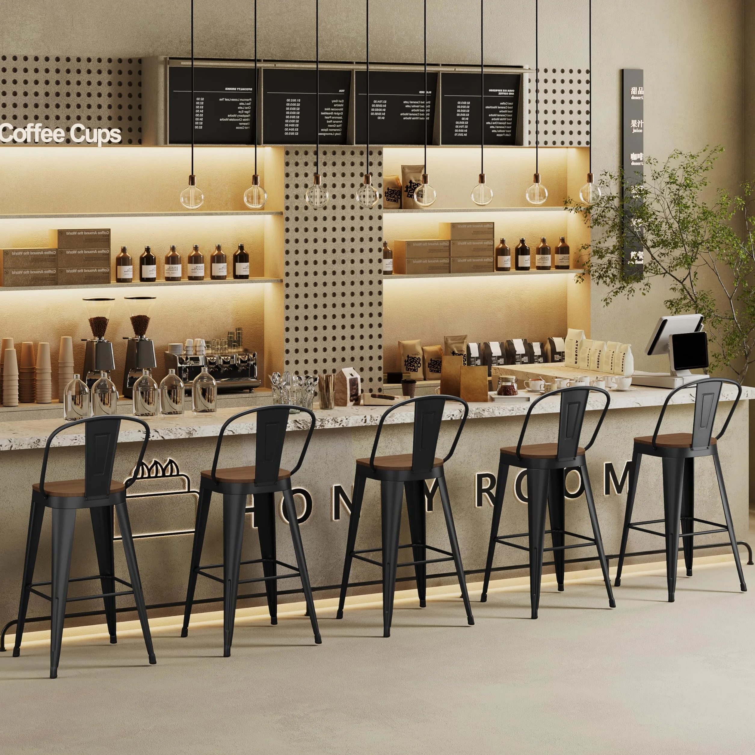 Metal Bar Stools Set of 4, 24" Counter Height with Backs, Black | Matte black metal frame barstools, Modern farmhouse high-back bar chairs, Larger seat for kitchen and dining islands