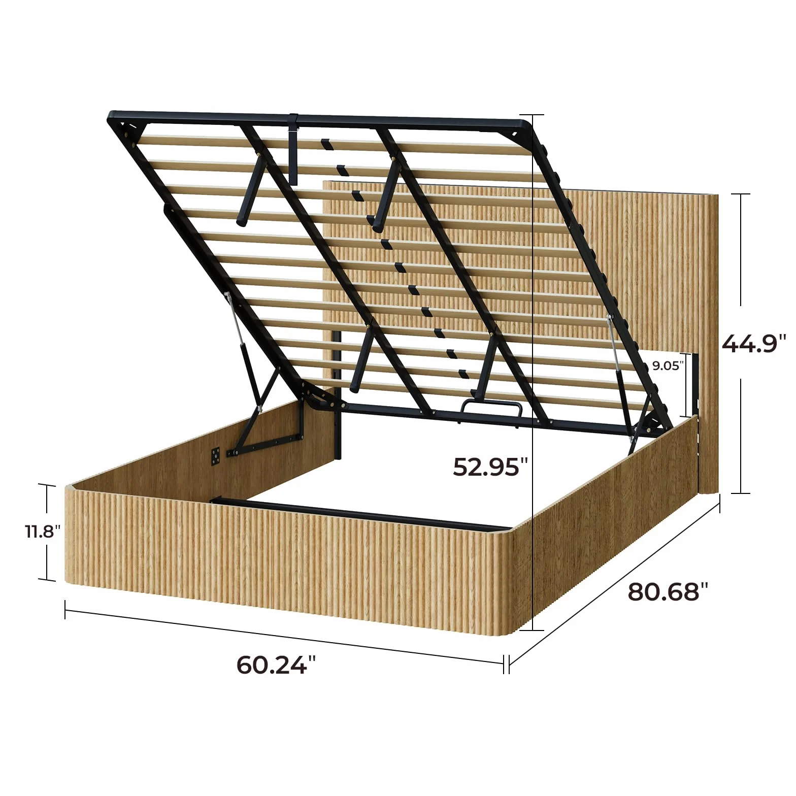 Evermagin Queen Lift-Up Storage Bed Frame, Fluted Headboard, Natural | Evermagin Storage Bed Frame, Mid Century Modern Fluted Bed Frame, Wood Hydraulic Queen Size Bedframe with Headboard
