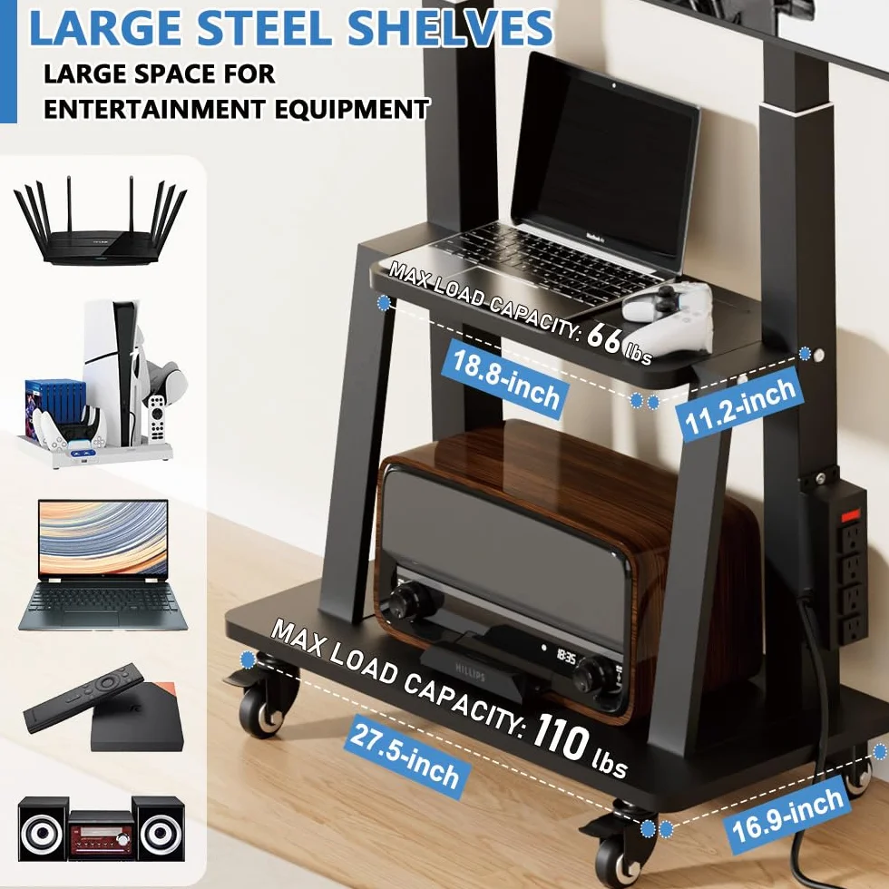 Mobile TV Cart with Power Outlet, Rolling TV Stand on Wheels for 32 to 65 70 75 83 inch TV, Height Adjustable,Holds up to 130LBS, Vesa 600×400mm.